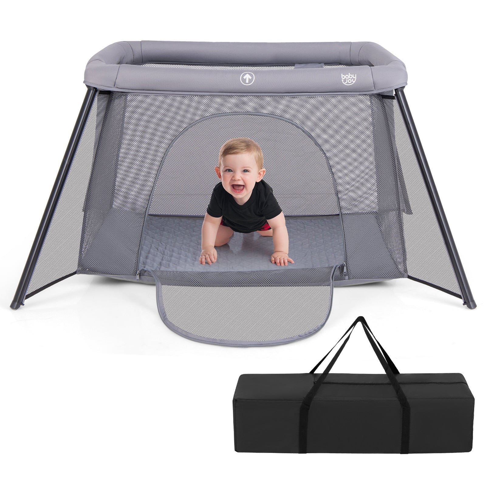 2-in-1 Portable Baby Playpen with Safety Enclosure and Padded Mattress-Dark Gray