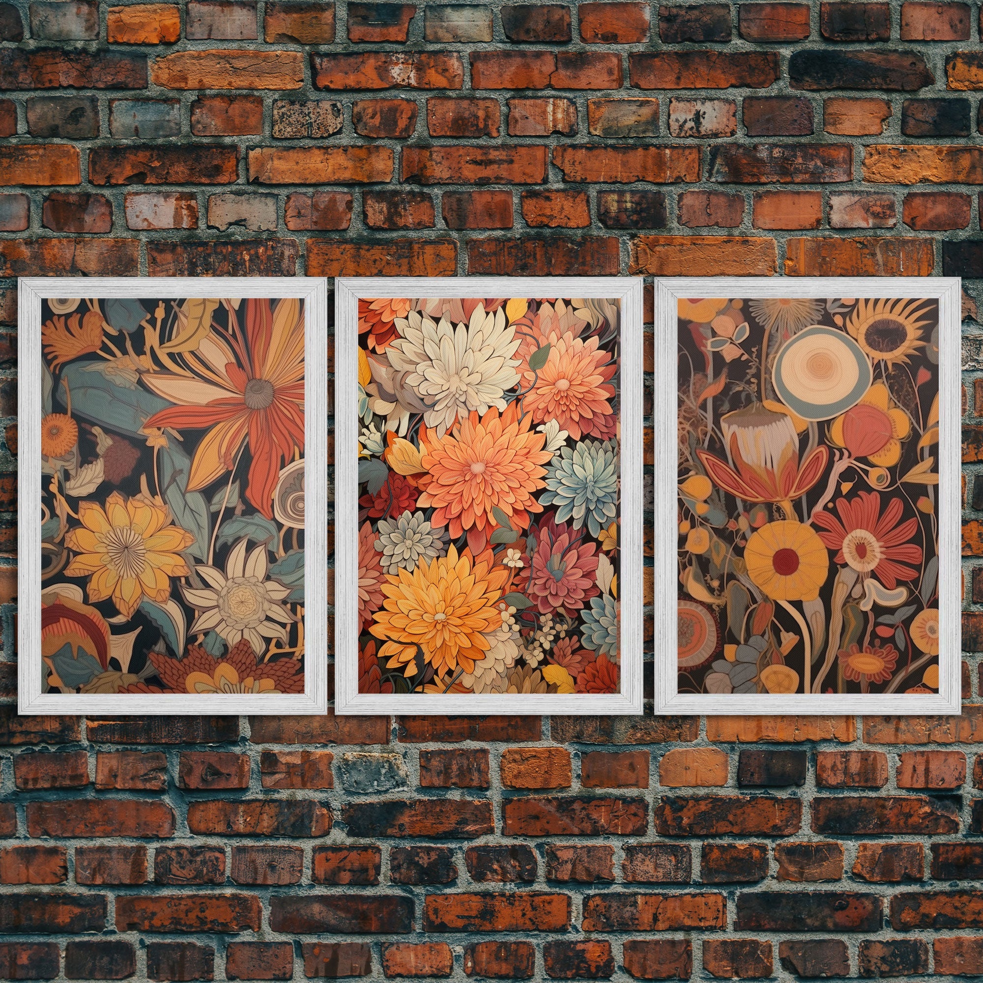Boho Style Wall Art, Framed Canvas Print 3 Piece Set