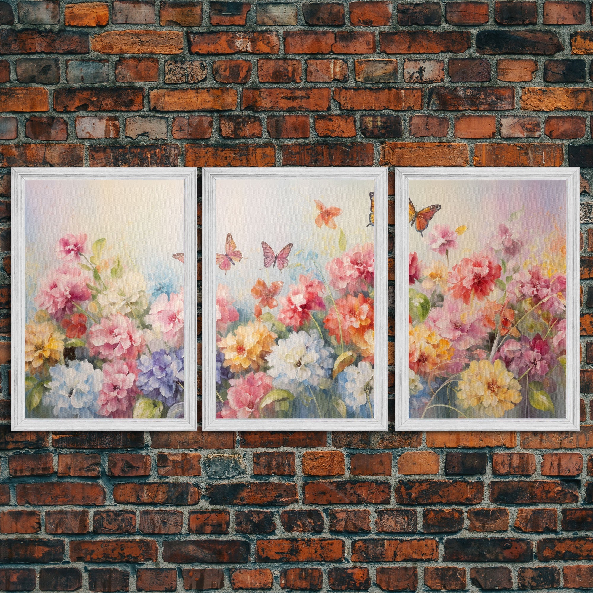 Peony Wall Art, Butterflies Art, Canvas Print, 3 Piece Wall Art