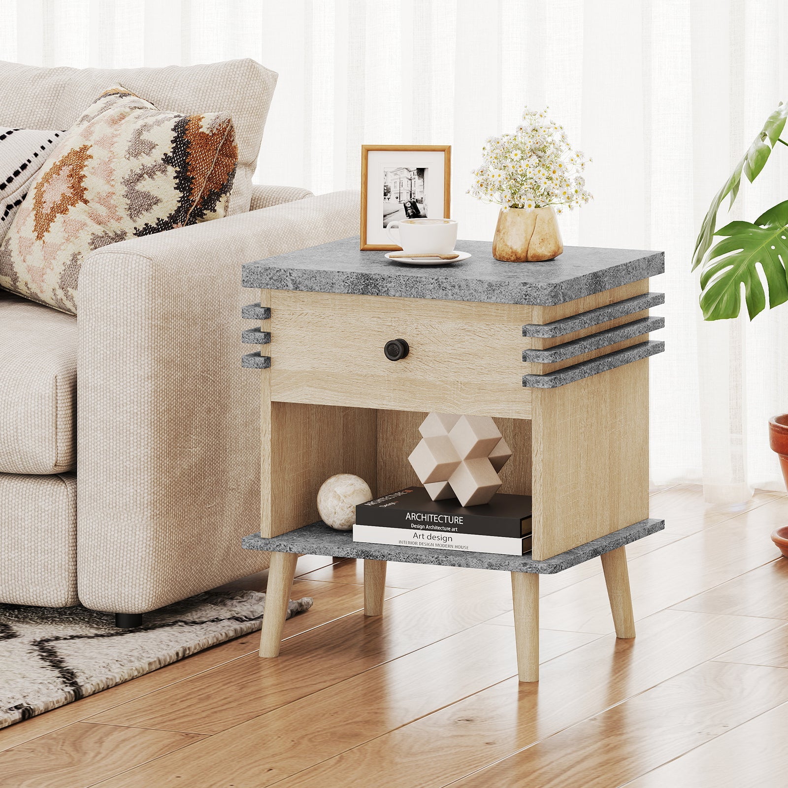 3-Tier Bedside Table Nightstand with Faux Marble Top-Grey
