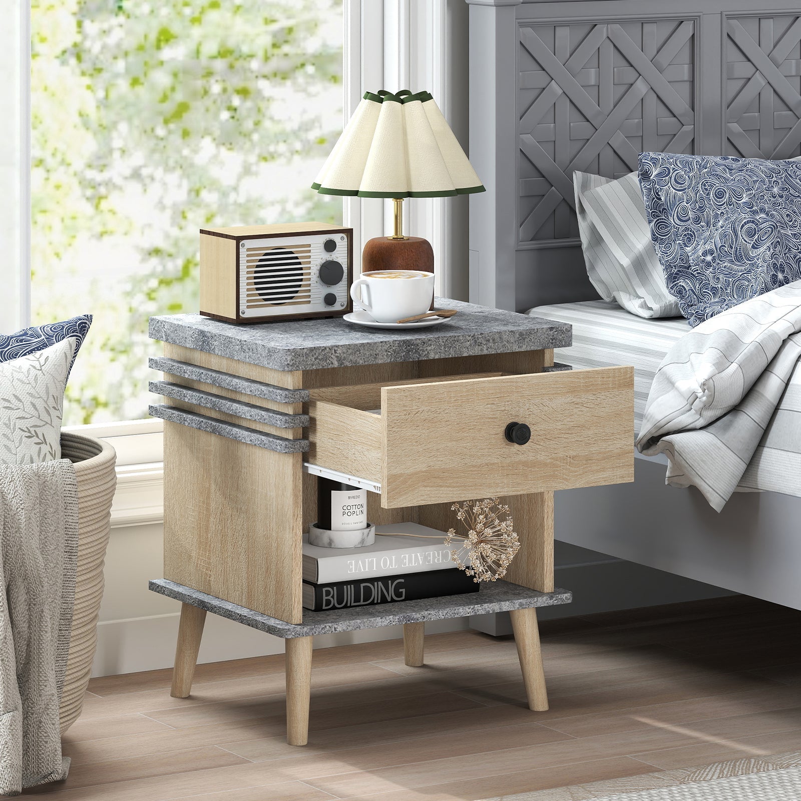 3-Tier Bedside Table Nightstand with Faux Marble Top-Grey