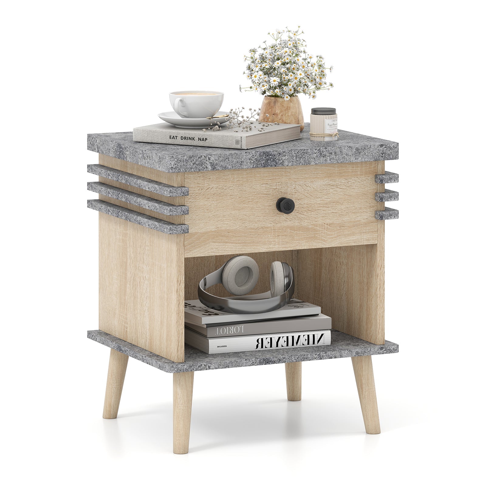 3-Tier Bedside Table Nightstand with Faux Marble Top-Grey