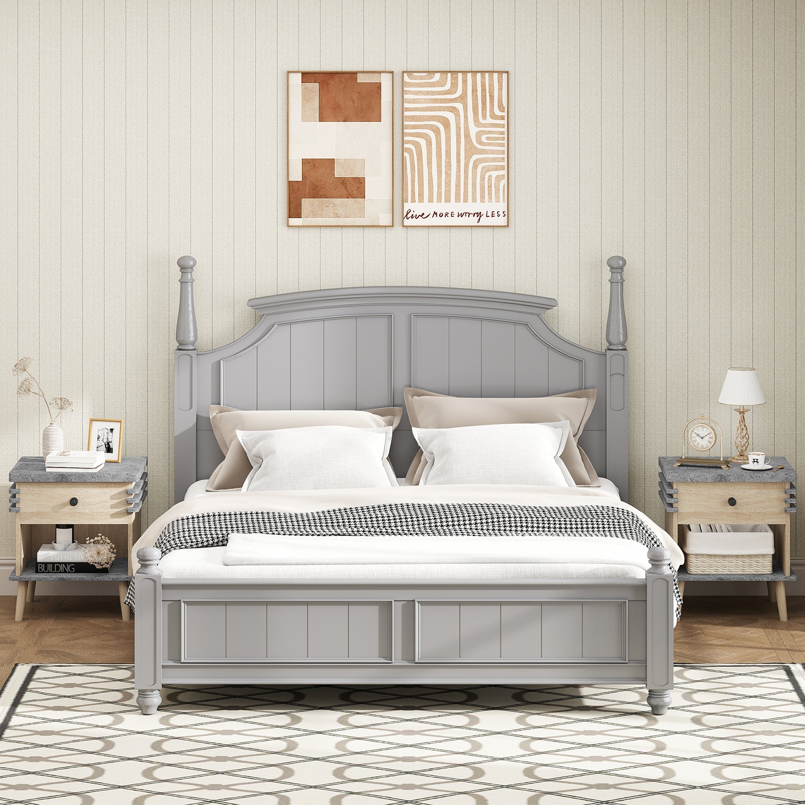 3-Tier Bedside Table Nightstand with Faux Marble Top-Grey