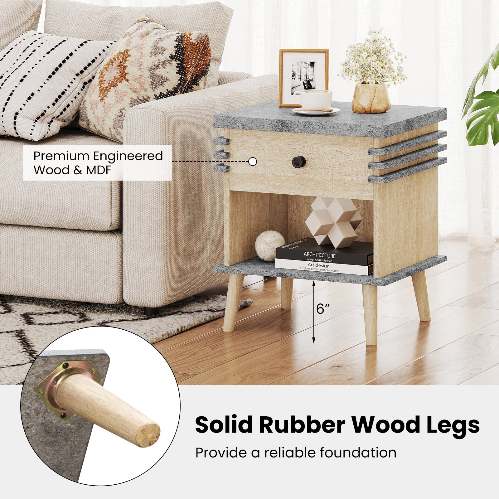 3-Tier Bedside Table Nightstand with Faux Marble Top-Grey