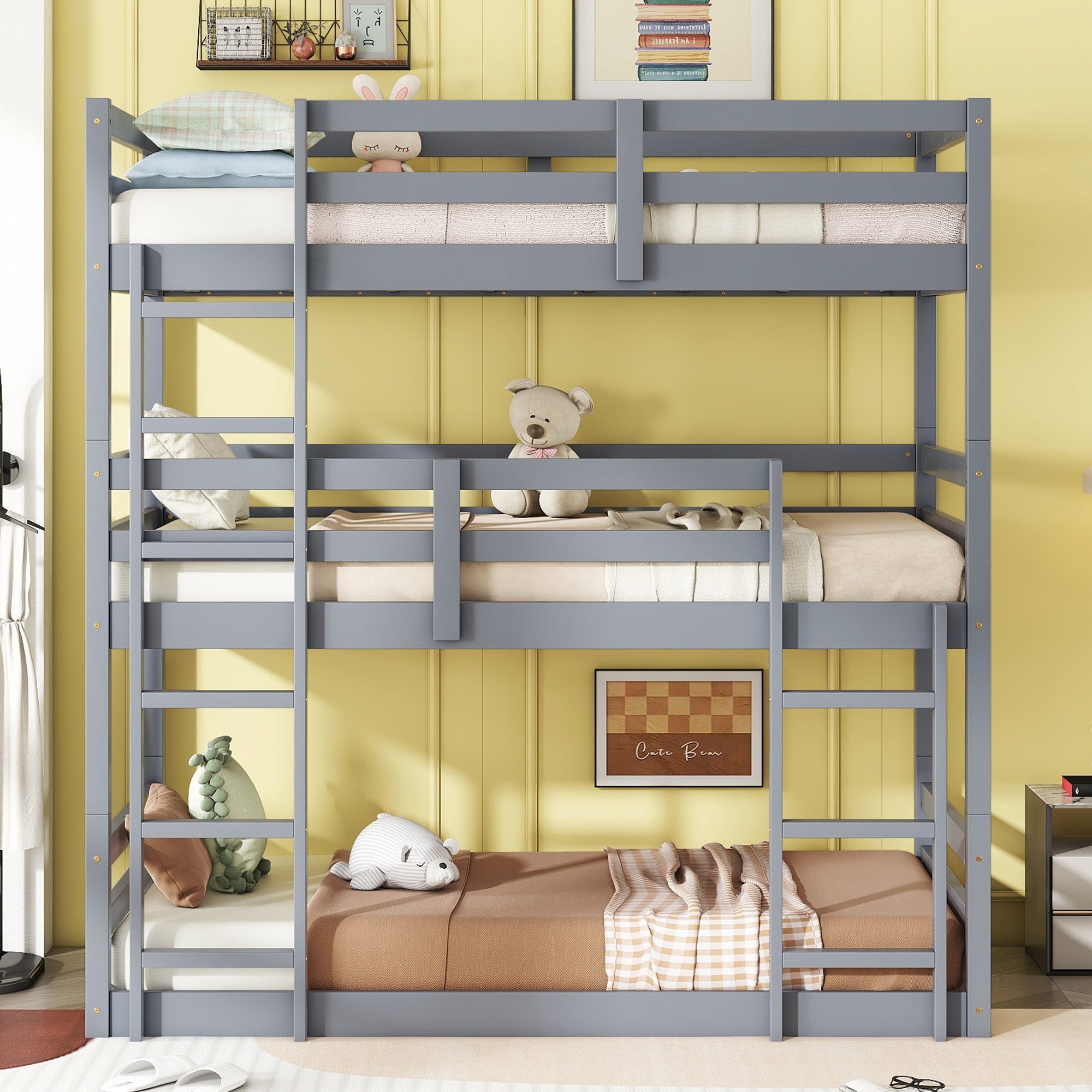 Triple Rubber Wood Bunk Bed with Two Built-in Ladders, Guardrails, Detachable Triple Twin Bunk Bed, Grey