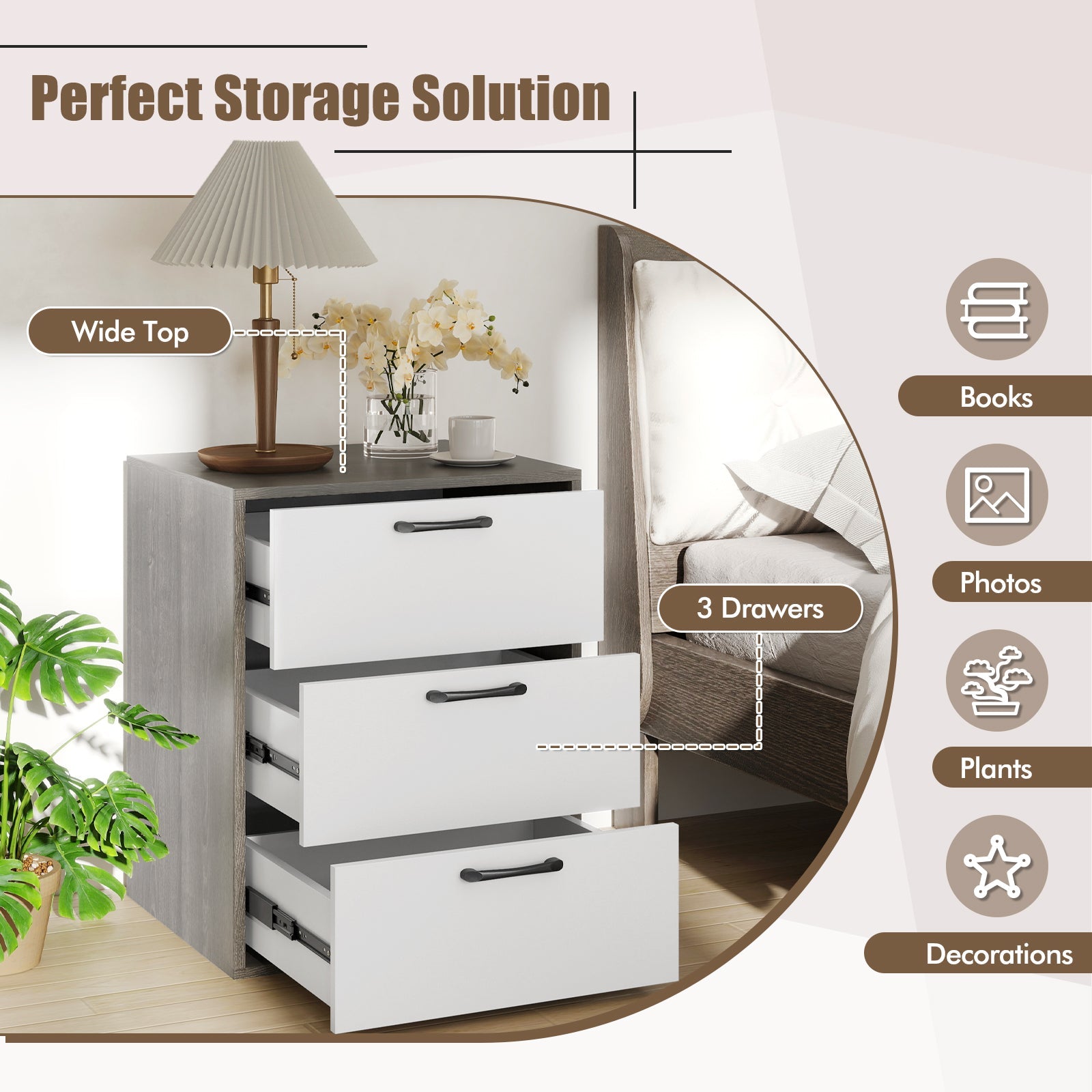 Modern Dresser Nightstand with 3 Slide-Out Drawers