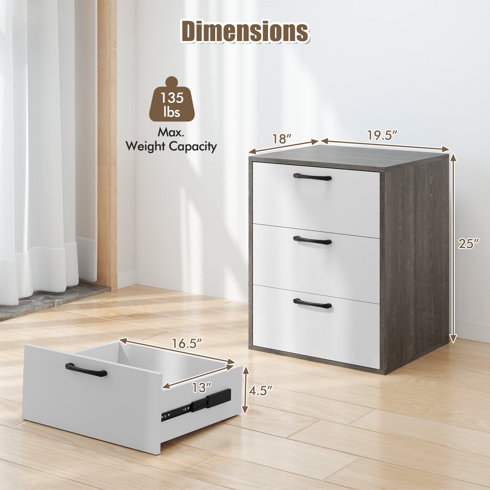 Modern Dresser Nightstand with 3 Slide-Out Drawers