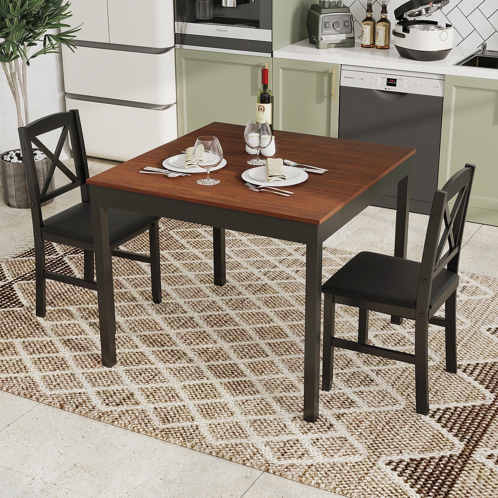 3-Piece Dining Table Set Wooden Square Kitchen Table for 2 People-Brown by DirectDeals