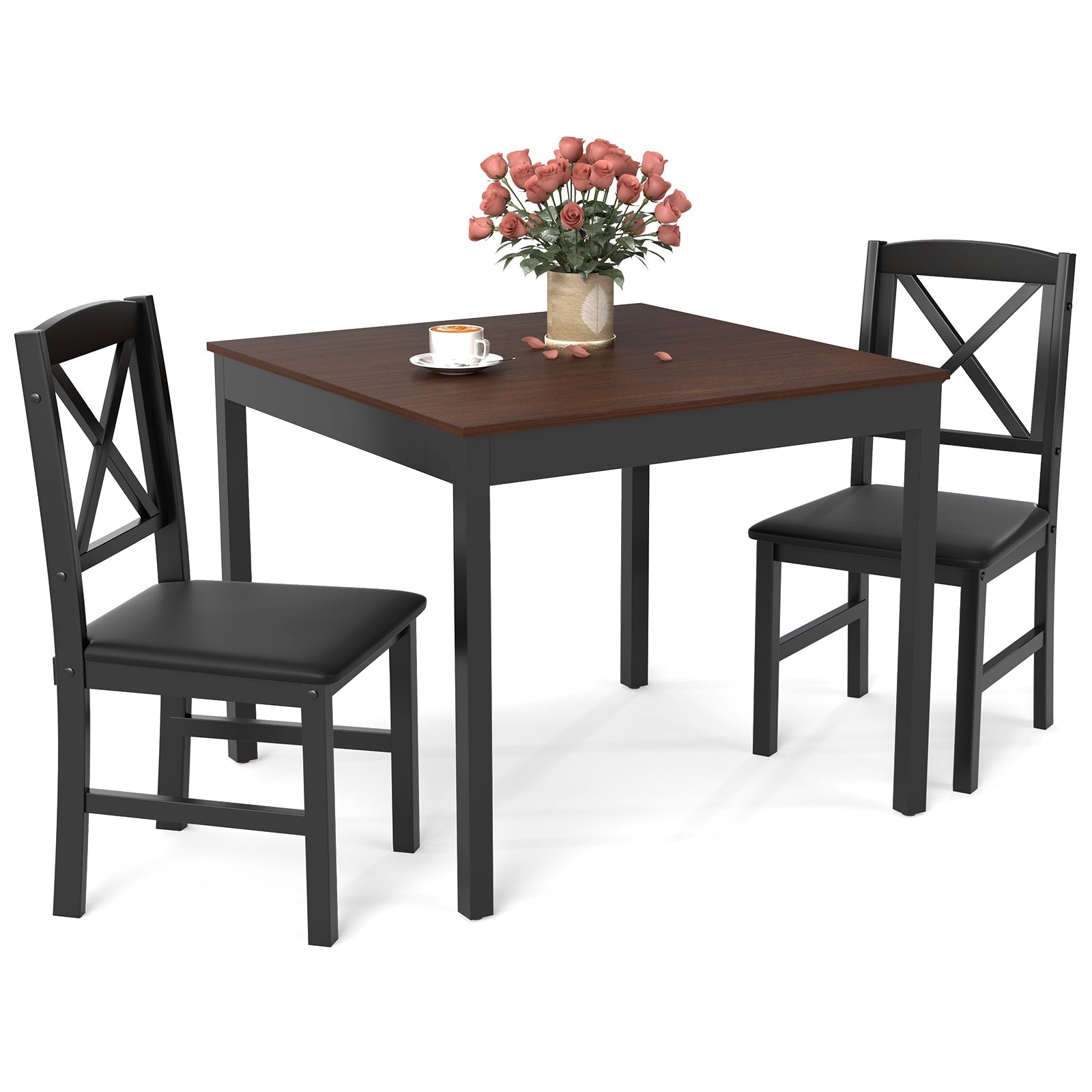 3-Piece Dining Table Set Wooden Square Kitchen Table for 2 People-Brown by DirectDeals