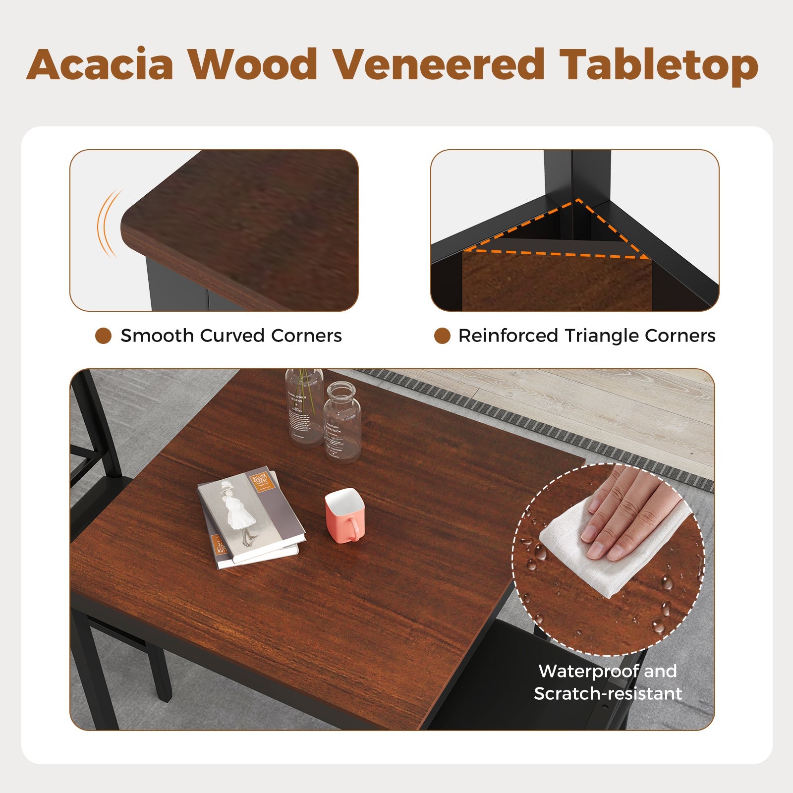 3-Piece Dining Table Set Wooden Square Kitchen Table for 2 People-Brown by DirectDeals