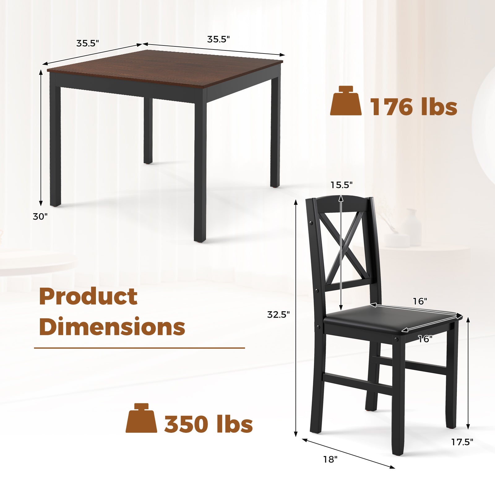 3-Piece Dining Table Set Wooden Square Kitchen Table for 2 People-Brown by DirectDeals