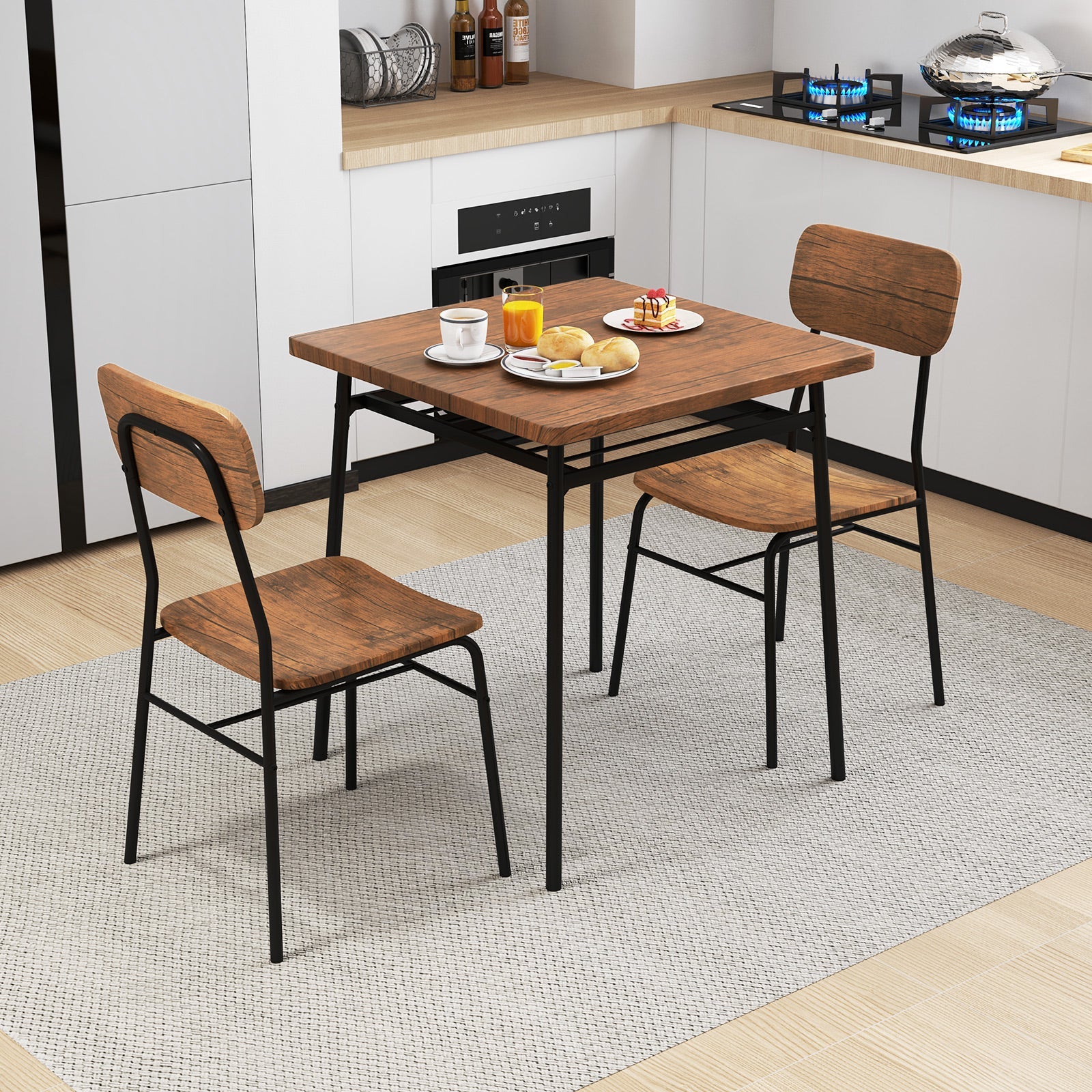 3 Piece Dining Table Set for 2 Wood Square Table with Metal Frame-Brown by DirectDeals