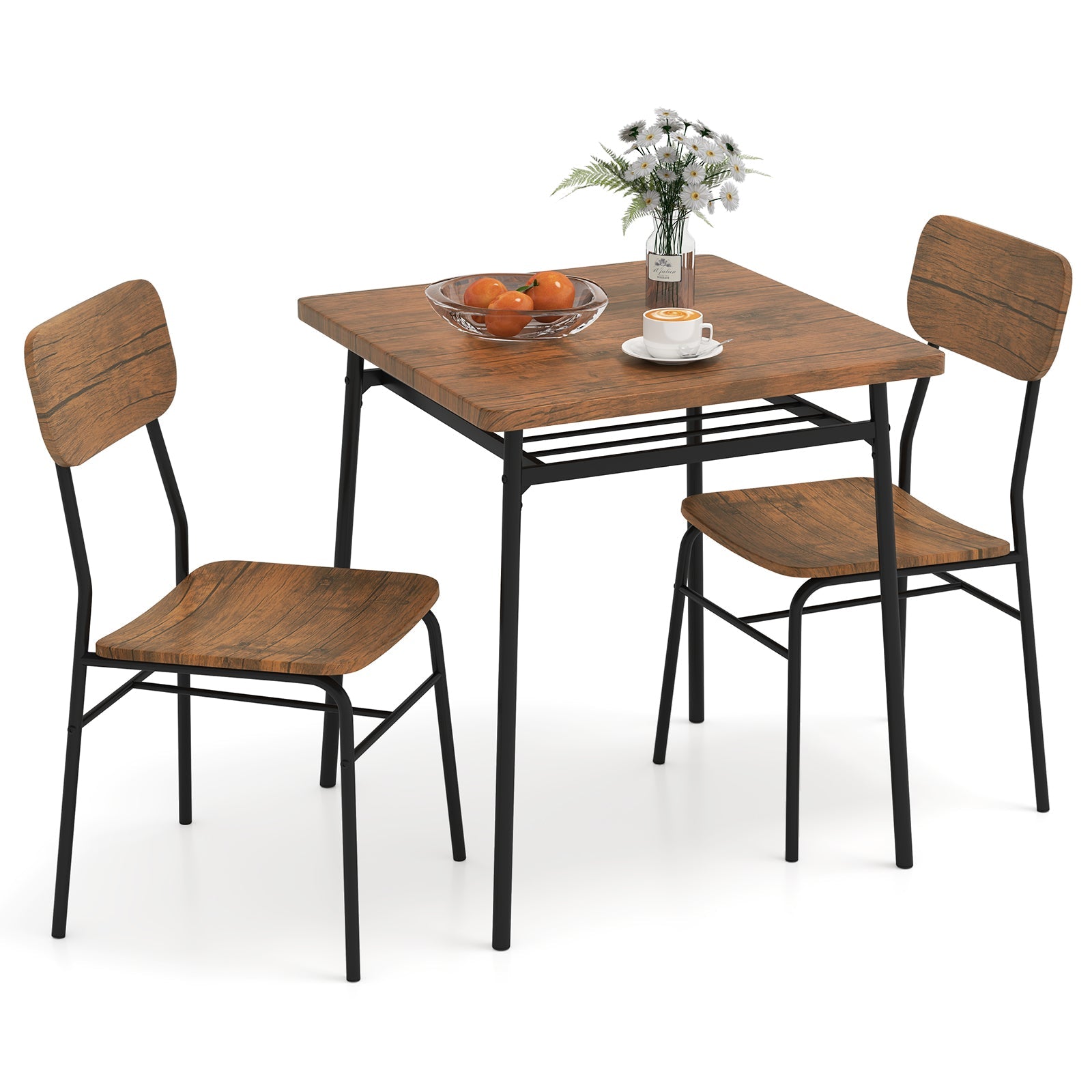 3 Piece Dining Table Set for 2 Wood Square Table with Metal Frame-Brown by DirectDeals