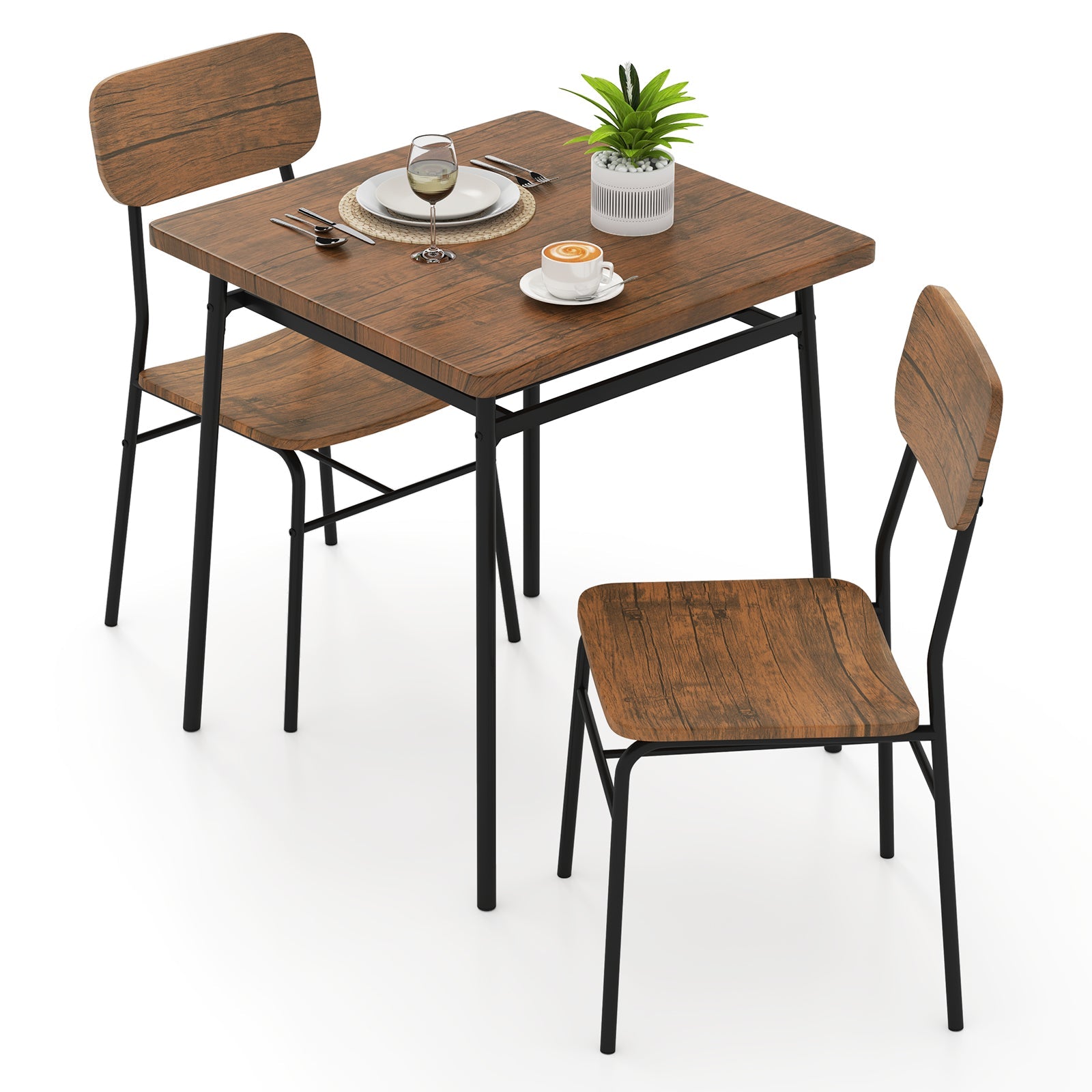 3 Piece Dining Table Set for 2 Wood Square Table with Metal Frame-Brown by DirectDeals