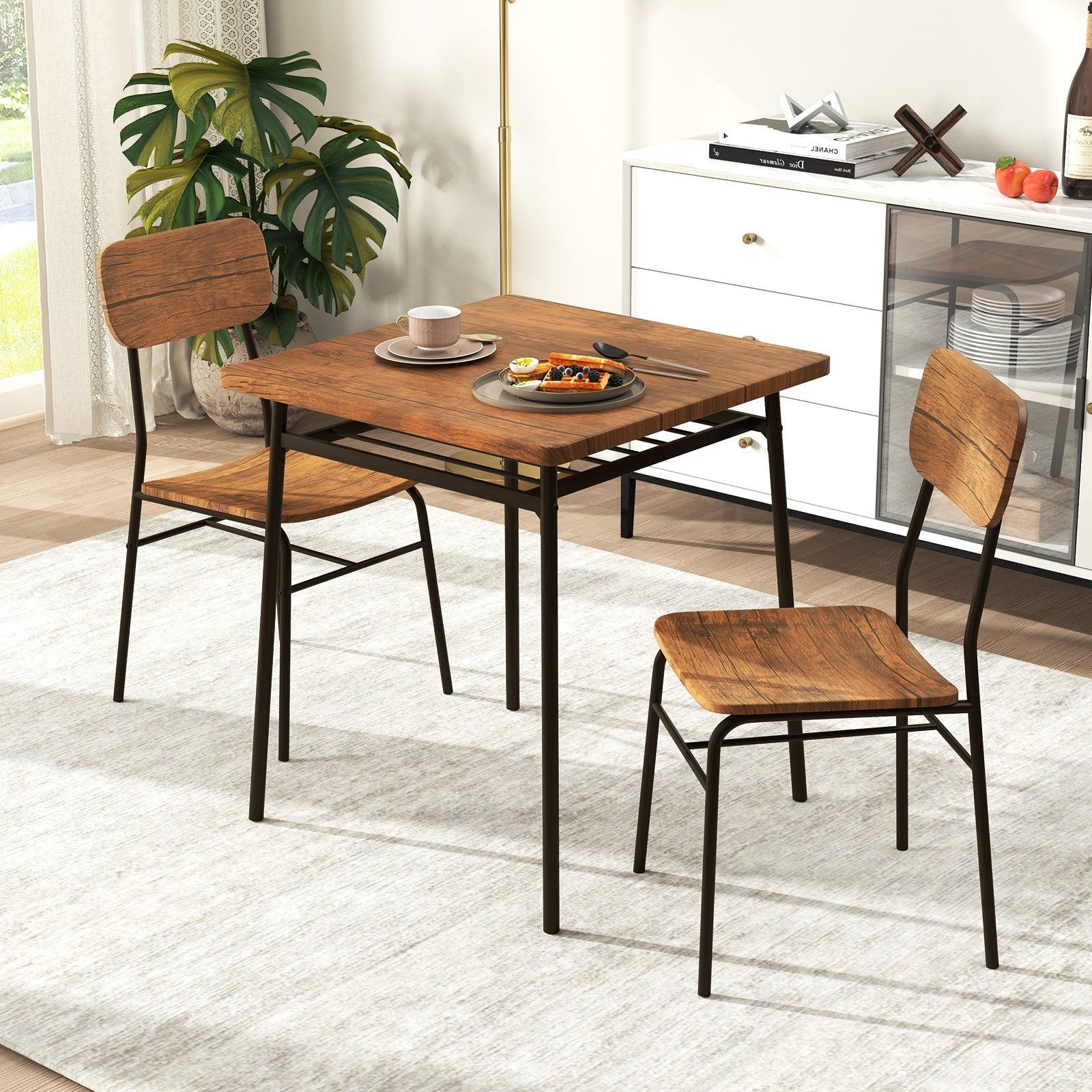 3 Piece Dining Table Set for 2 Wood Square Table with Metal Frame-Brown by DirectDeals