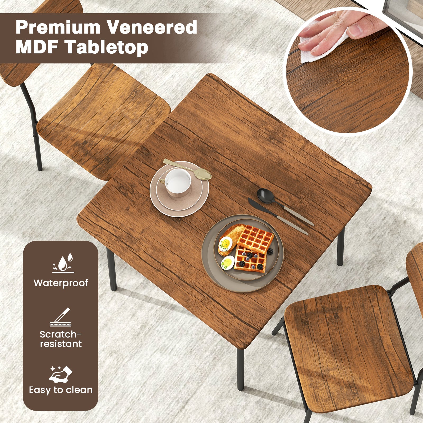 3 Piece Dining Table Set for 2 Wood Square Table with Metal Frame-Brown by DirectDeals
