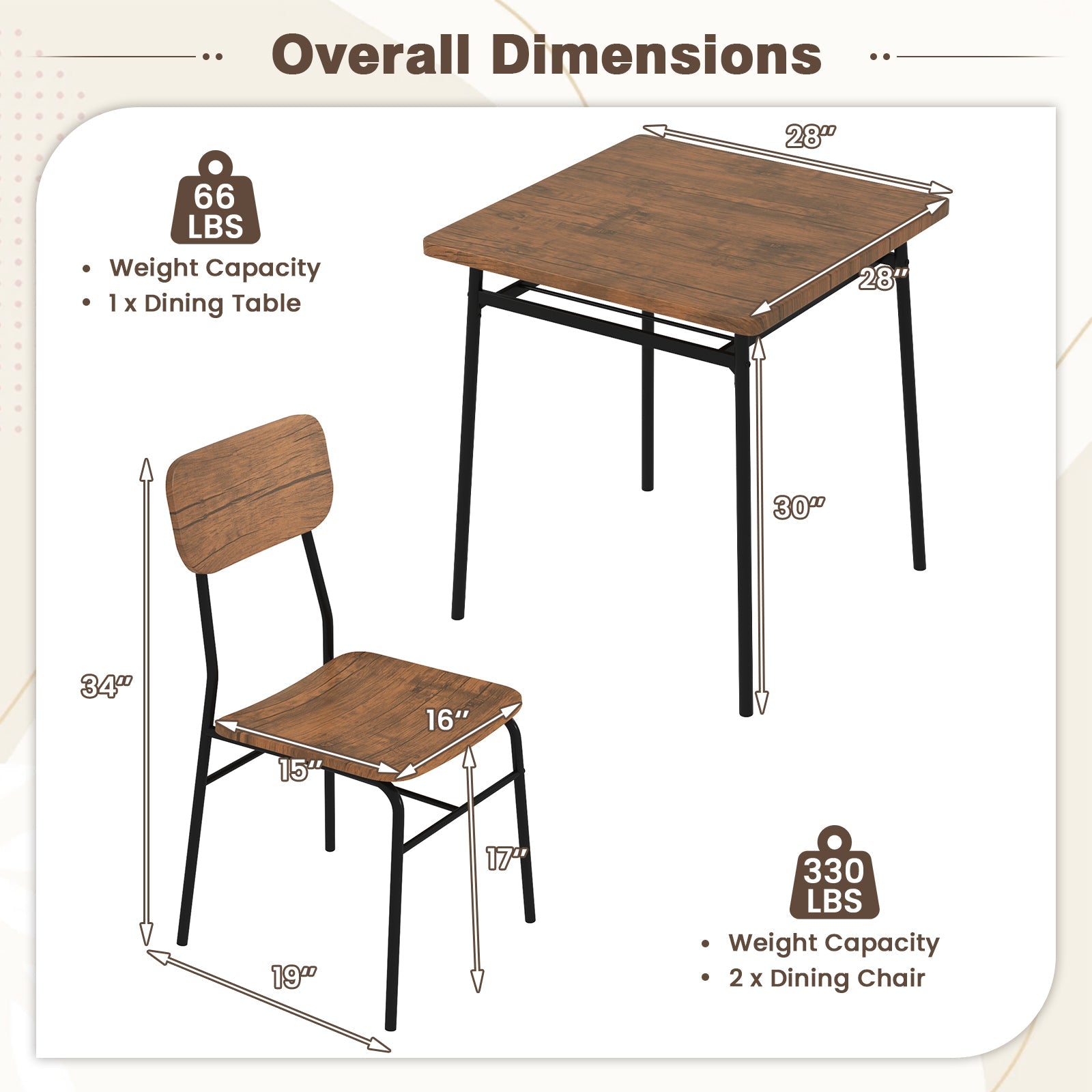 3 Piece Dining Table Set for 2 Wood Square Table with Metal Frame-Brown by DirectDeals