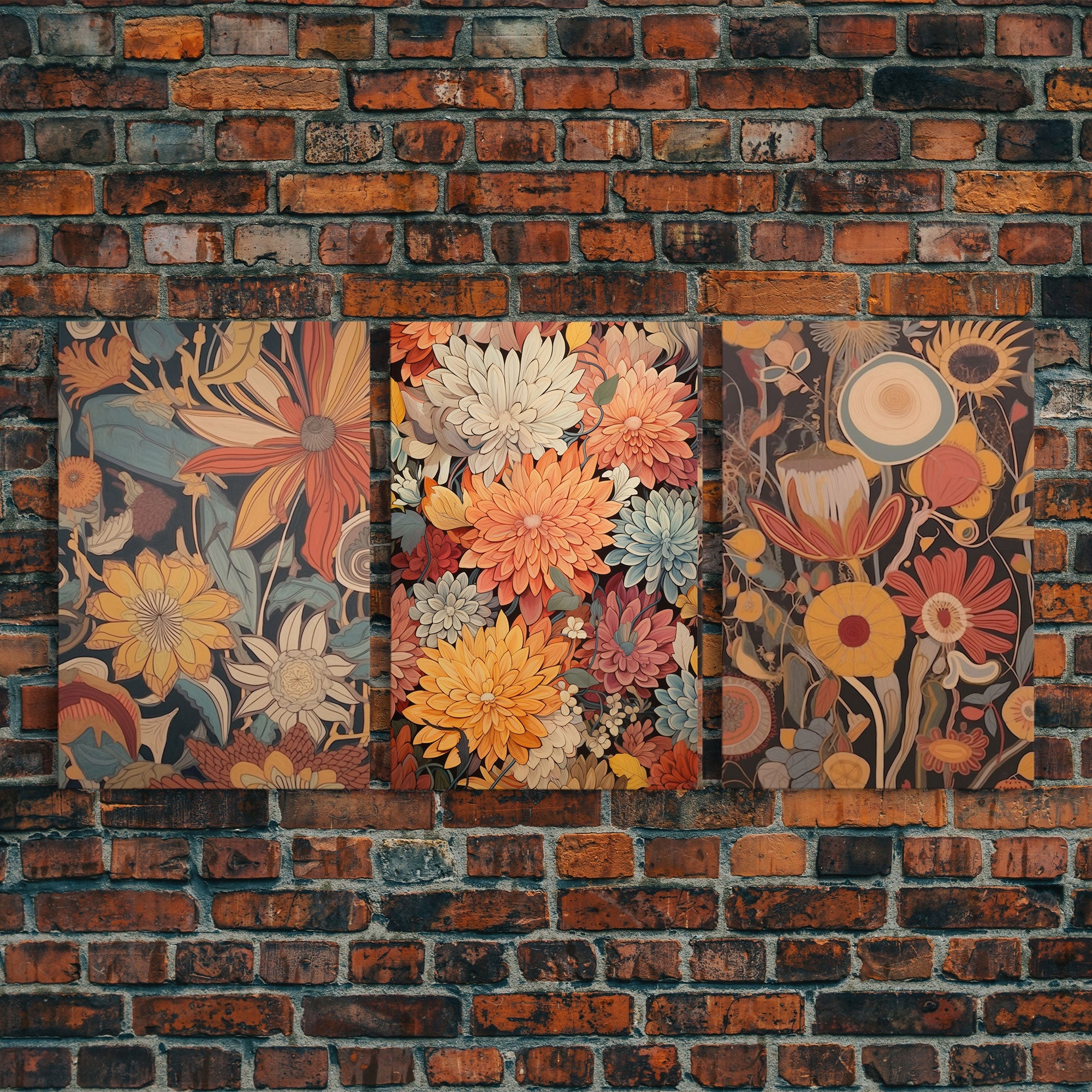 Boho Style Wall Art, Framed Canvas Print 3 Piece Set