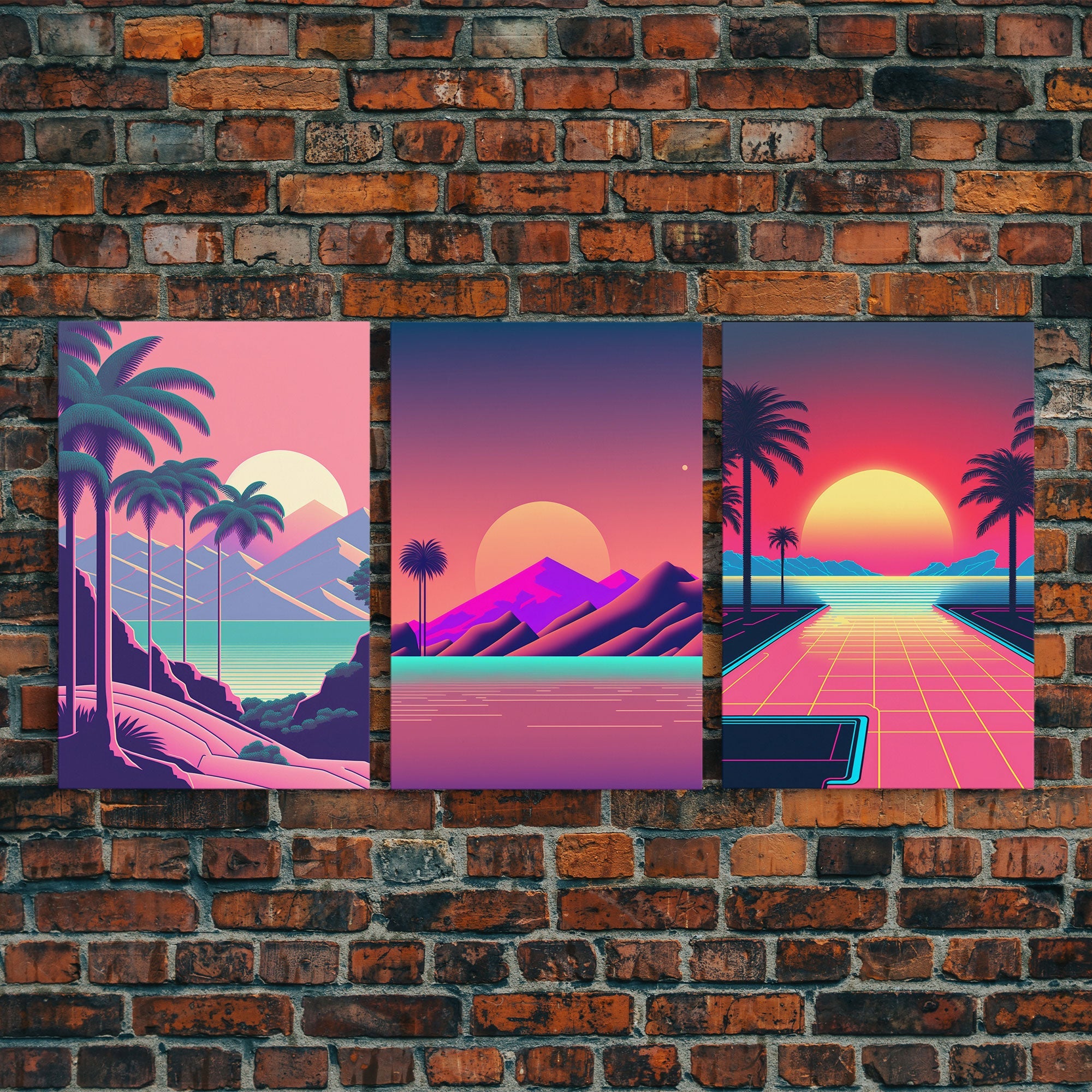 Retro 80s Style Art, 3 Panel Framed Canvas Prints