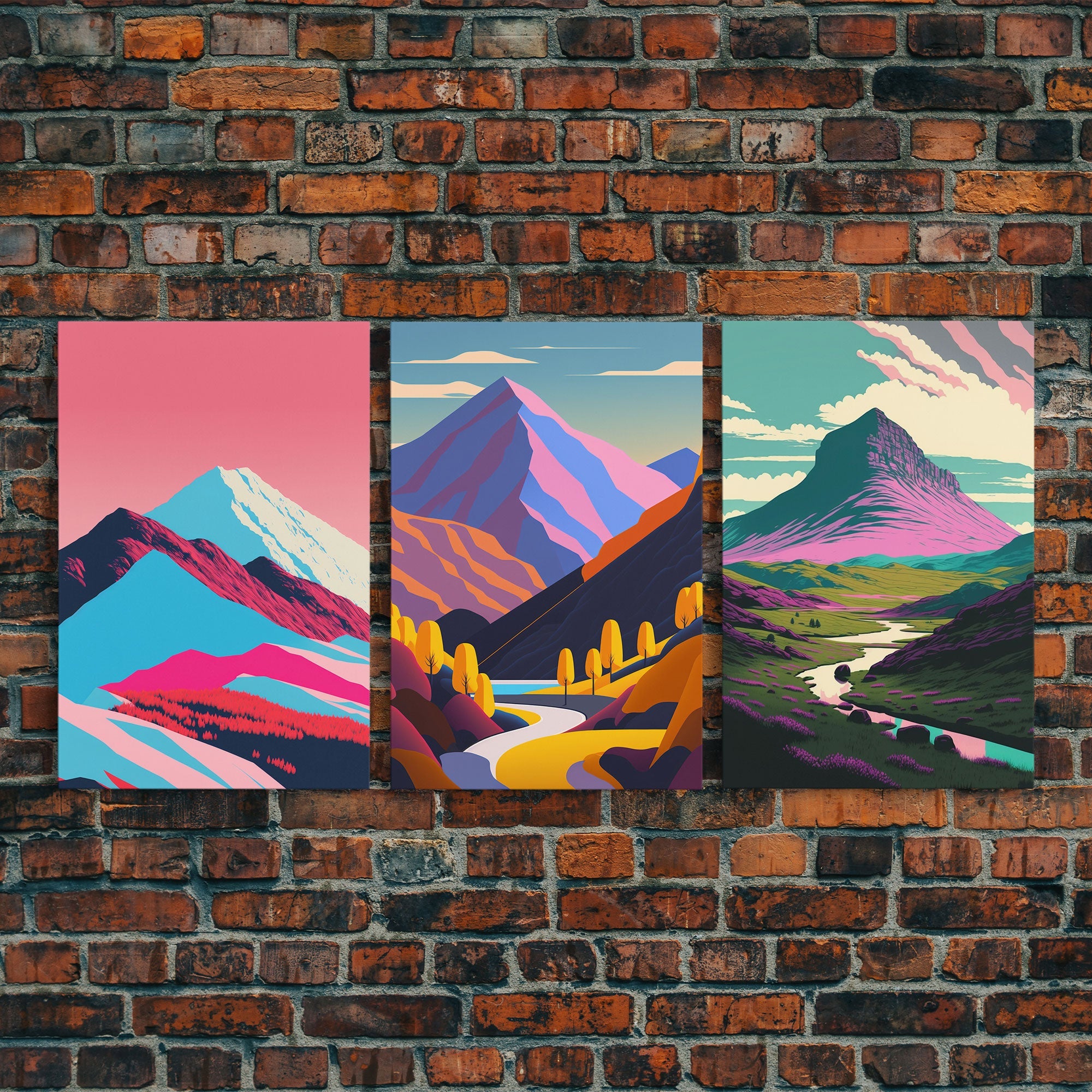 Minimalist Midcentury Wall Art, Framed Canvas Prints, 3 Piece Wall Art