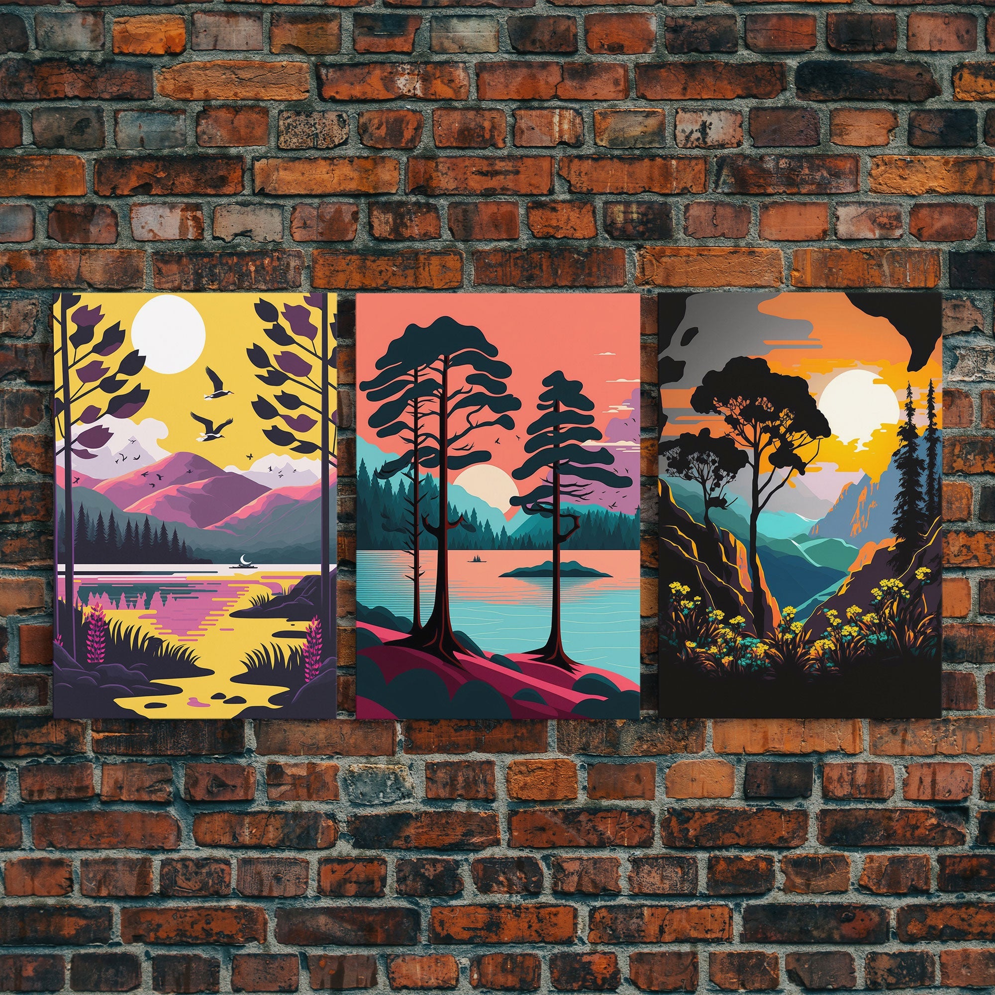 3 Piece Framed Canvas Wall Art, Mountain Range Top Print