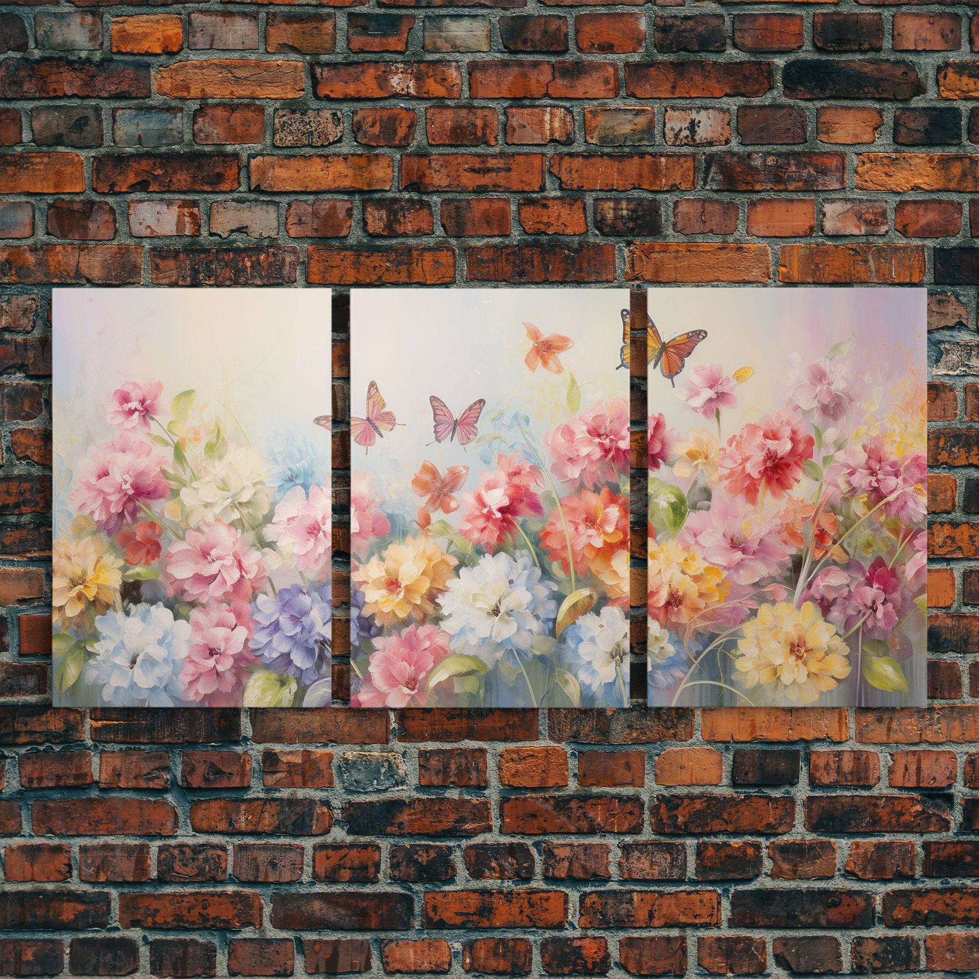 Peony Wall Art, Butterflies Art, Canvas Print, 3 Piece Wall Art