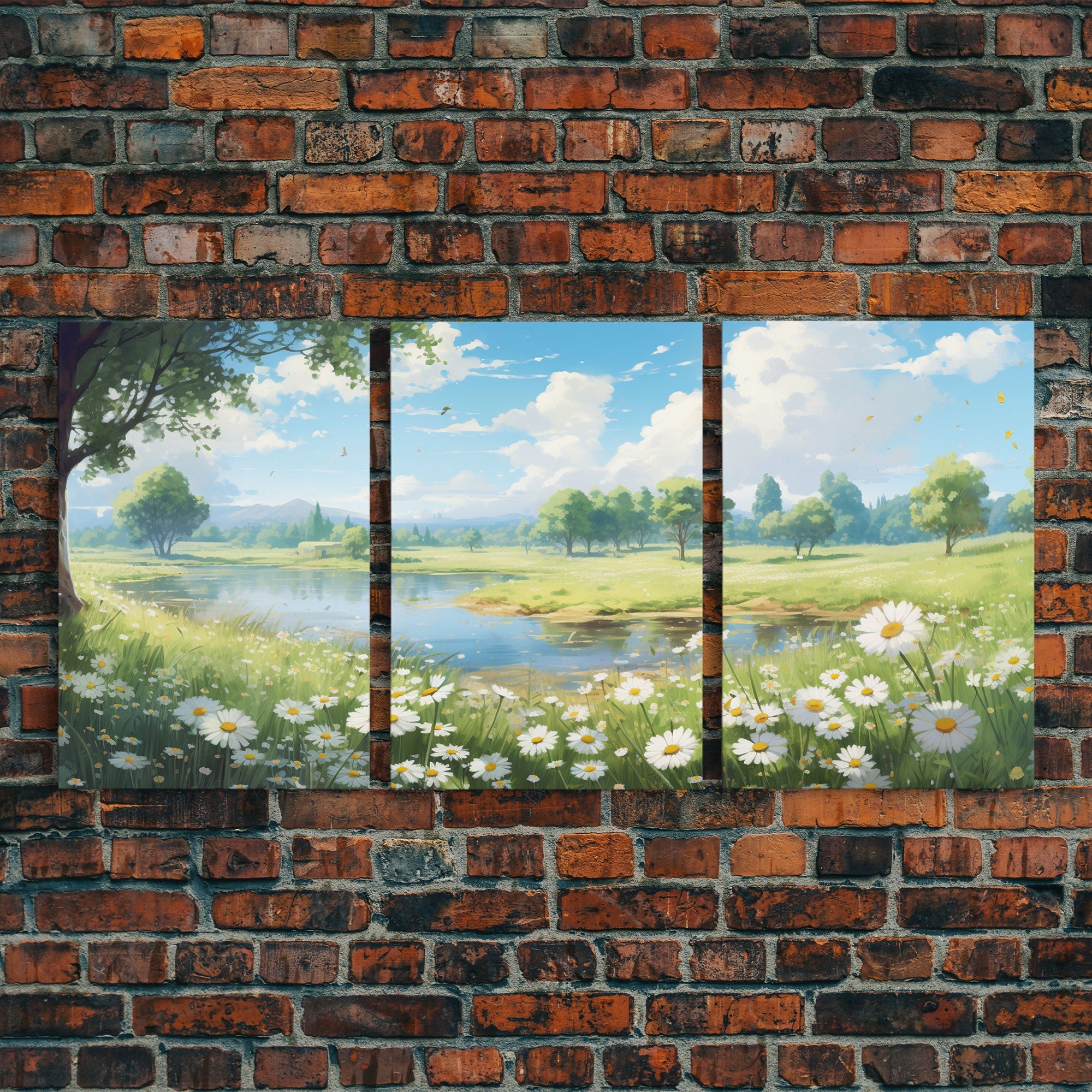 Beautiful Spring Meadow Landscape Painting 3 Piece Set, Wall Art