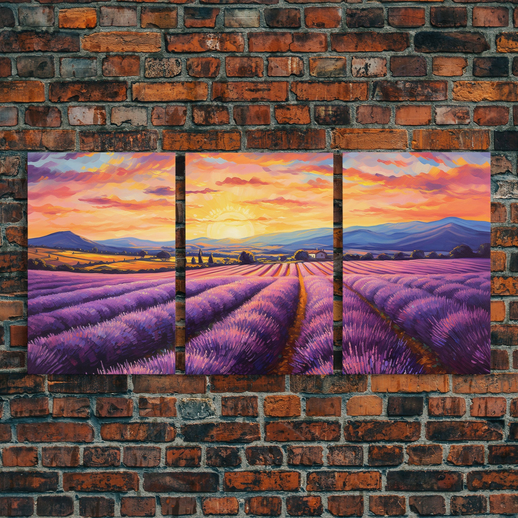 Purple Lavender Fields, 3 Piece Wall Art, Framed Canvas Print