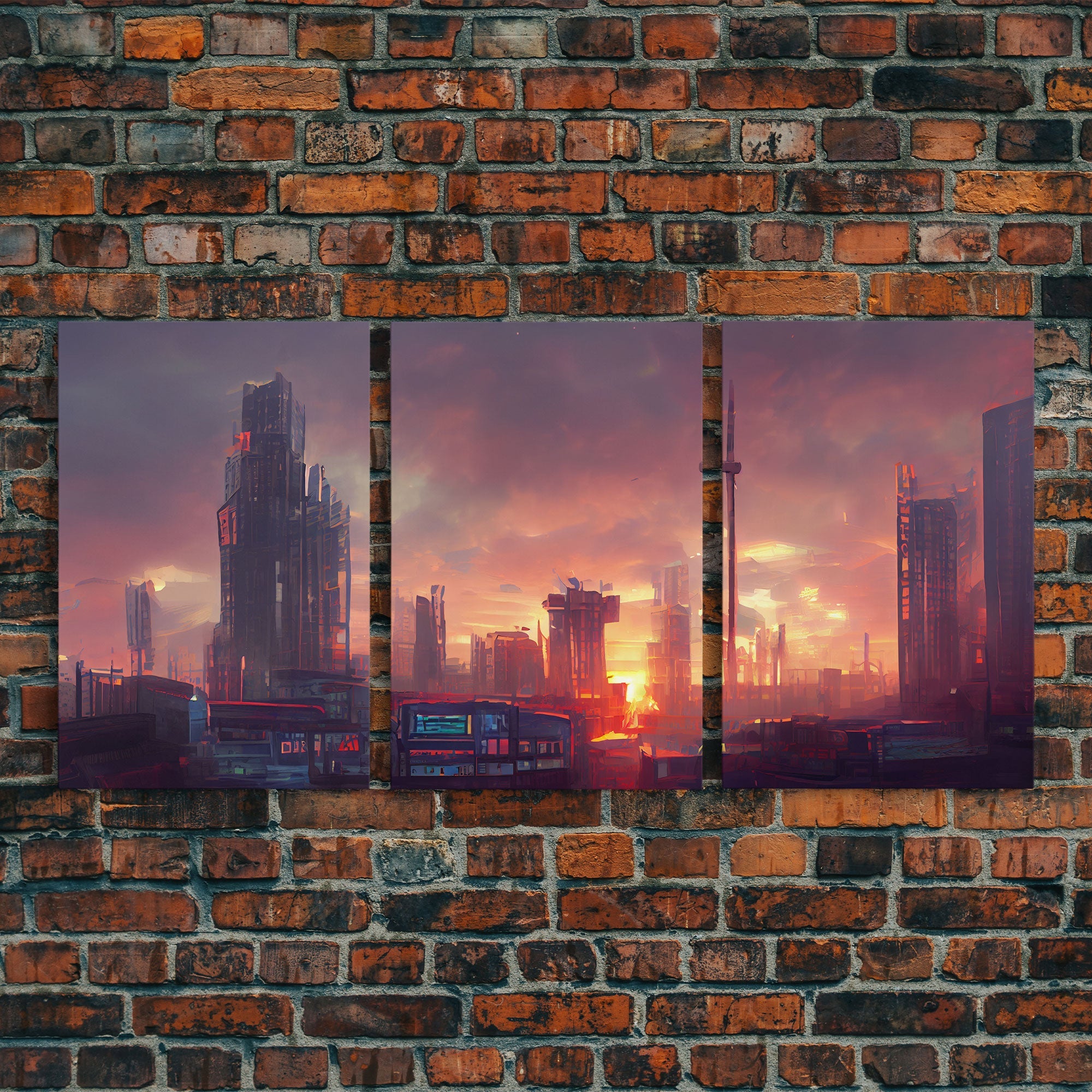 Cyberpunk City, 3 Piece Wall Art, Canvas Print