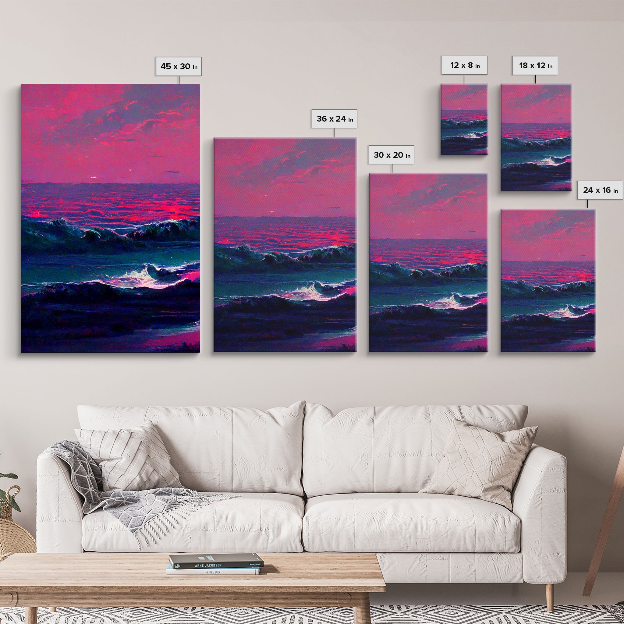 Outrun Style Synthwave Sunset Ocean Waves, 3 Piece Canvas Print