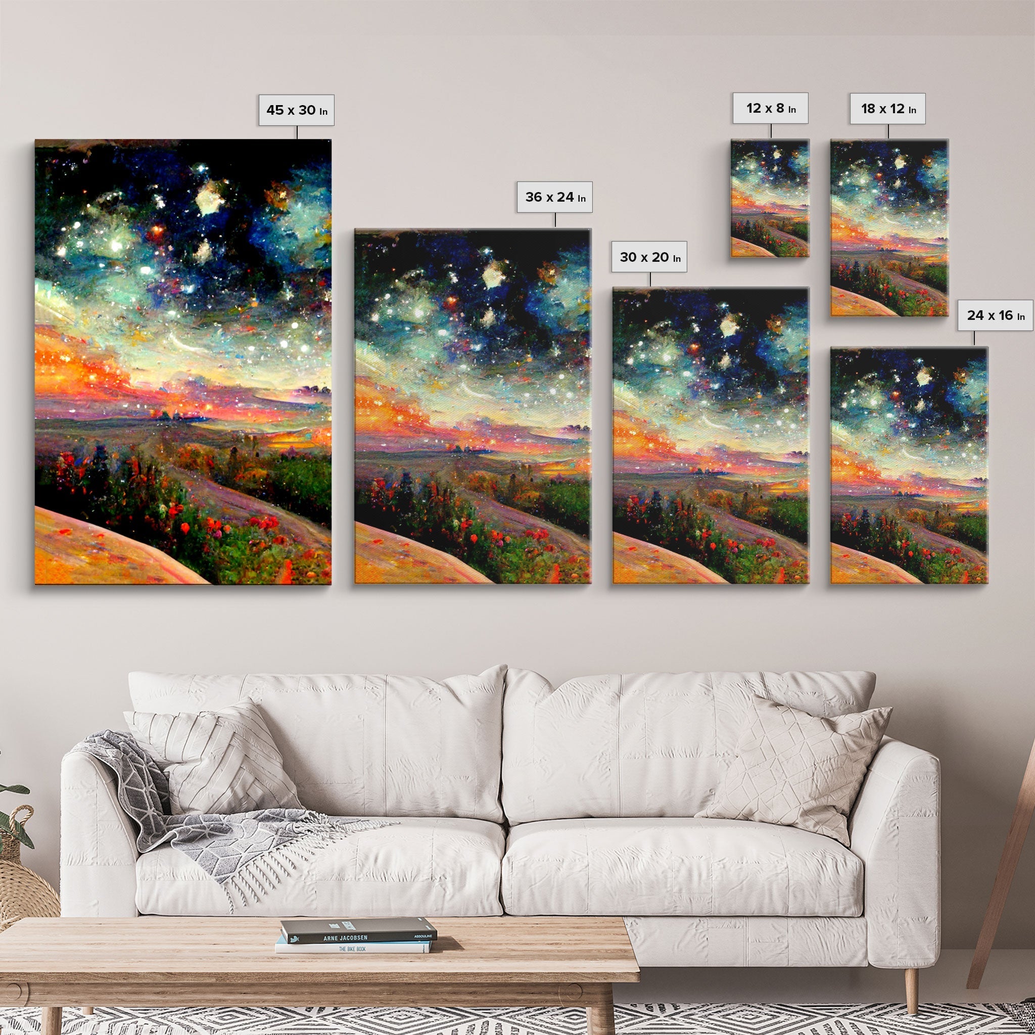 Night Starry Sky Landscape, 3 Piece Wall Art, Ready To Hang Canvas Print