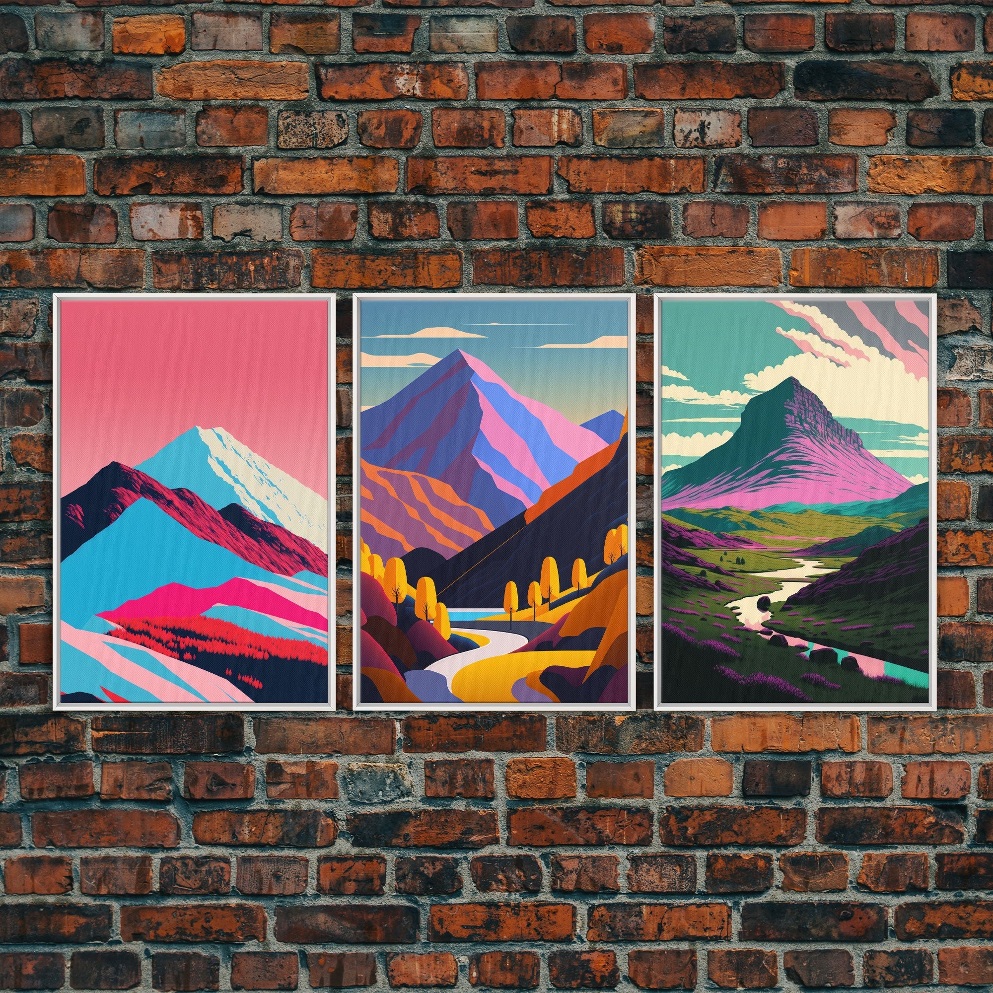 Minimalist Midcentury Wall Art, Framed Canvas Prints, 3 Piece Wall Art