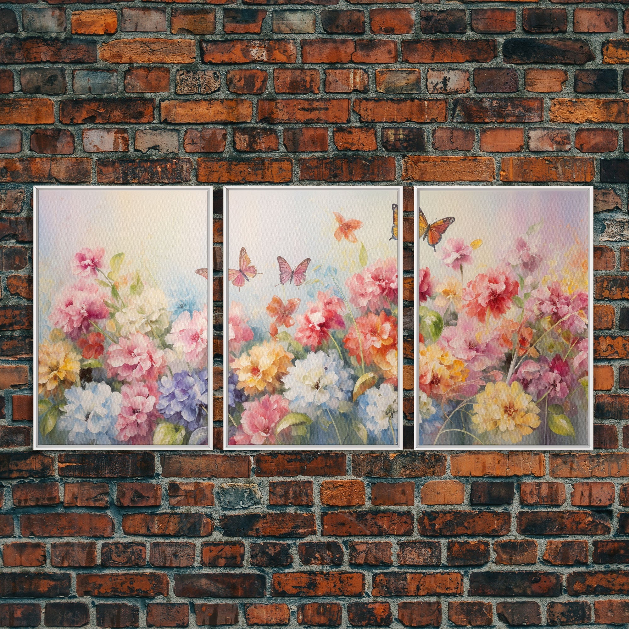 Peony Wall Art, Butterflies Art, Canvas Print, 3 Piece Wall Art