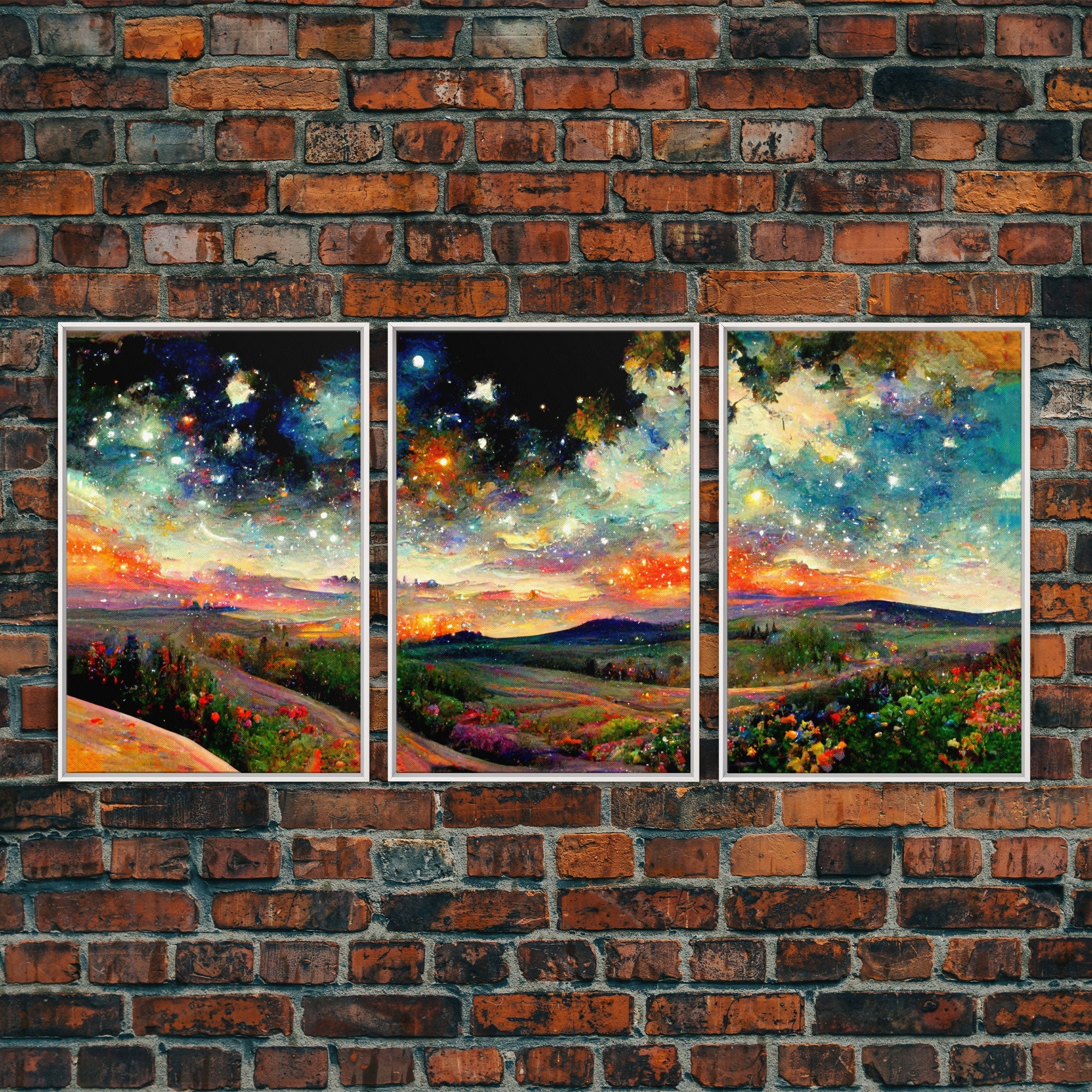 Night Starry Sky Landscape, 3 Piece Wall Art, Ready To Hang Canvas Print
