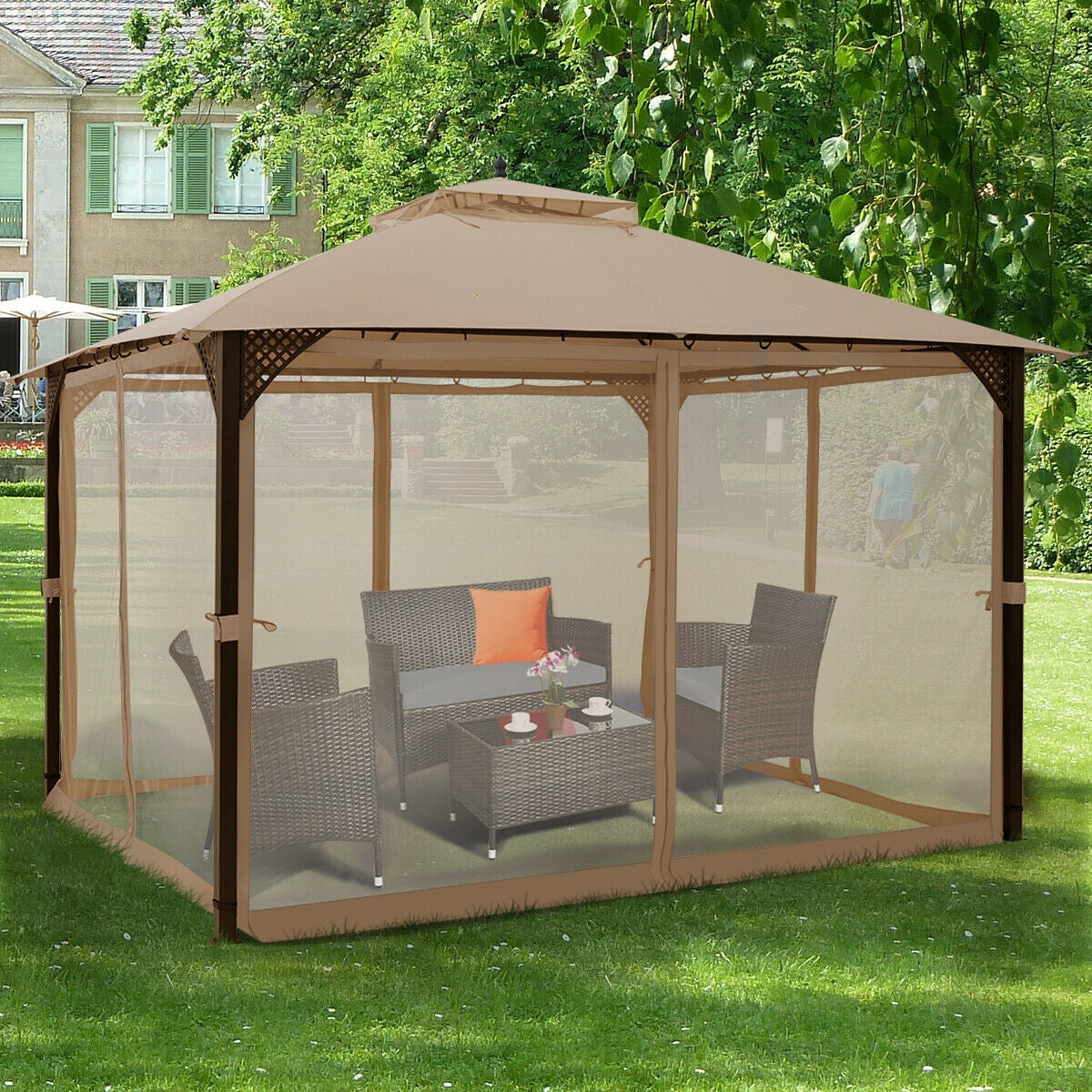 12 x 10 Feet Outdoor Double Top Patio Gazebo with Netting - Brown