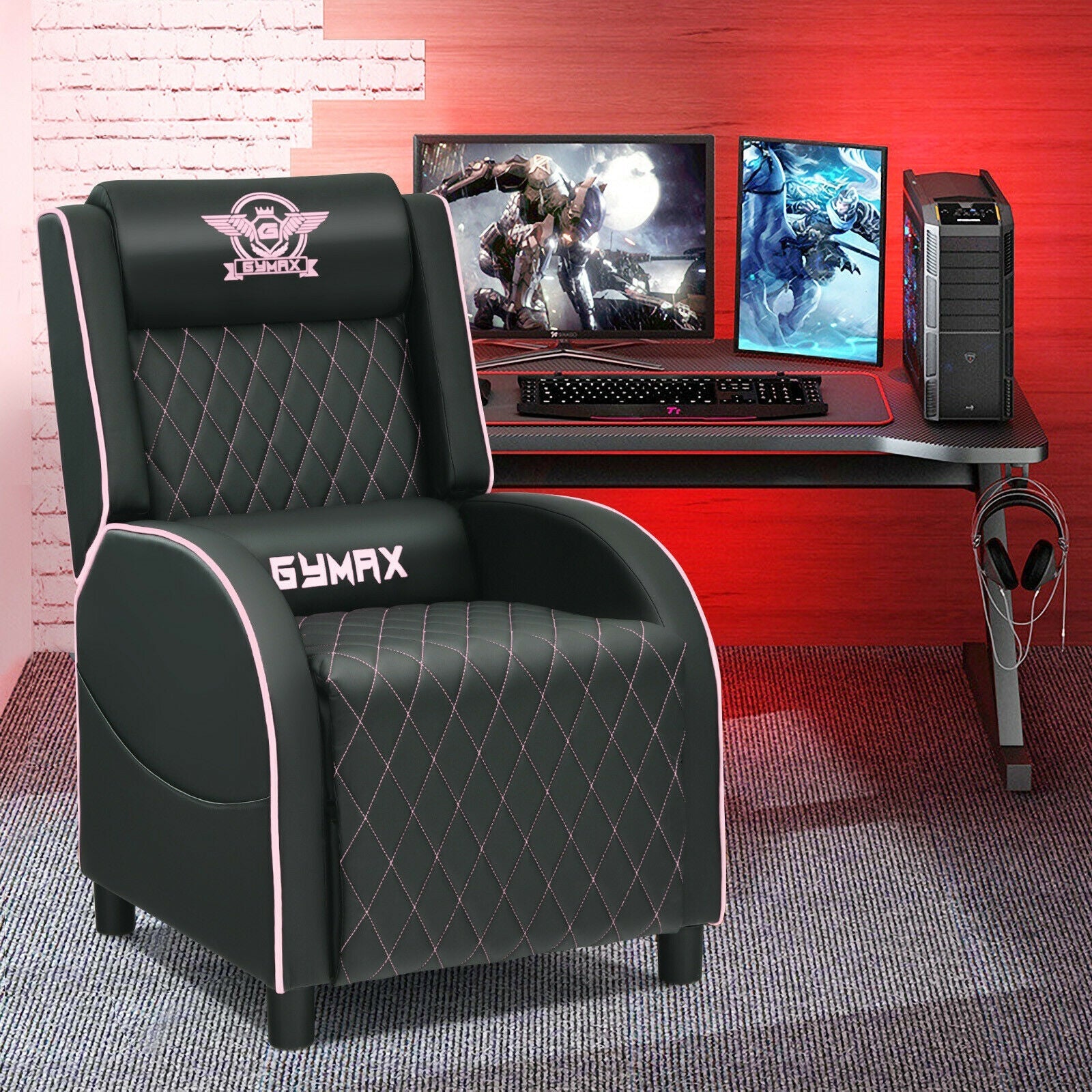 Pink Massage Gaming Recliner Chair with Headrest and Adjustable Backrest