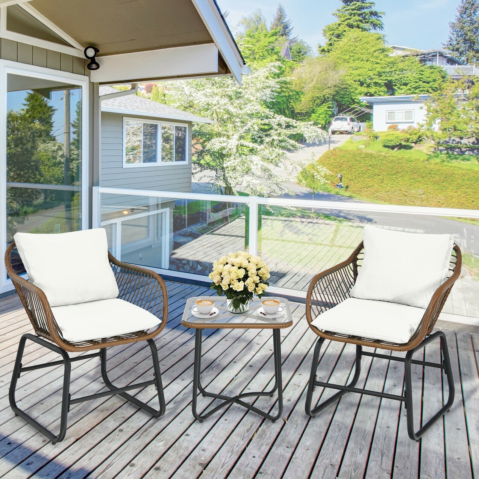 3 Pieces Patio Rattan Bistro Set - White