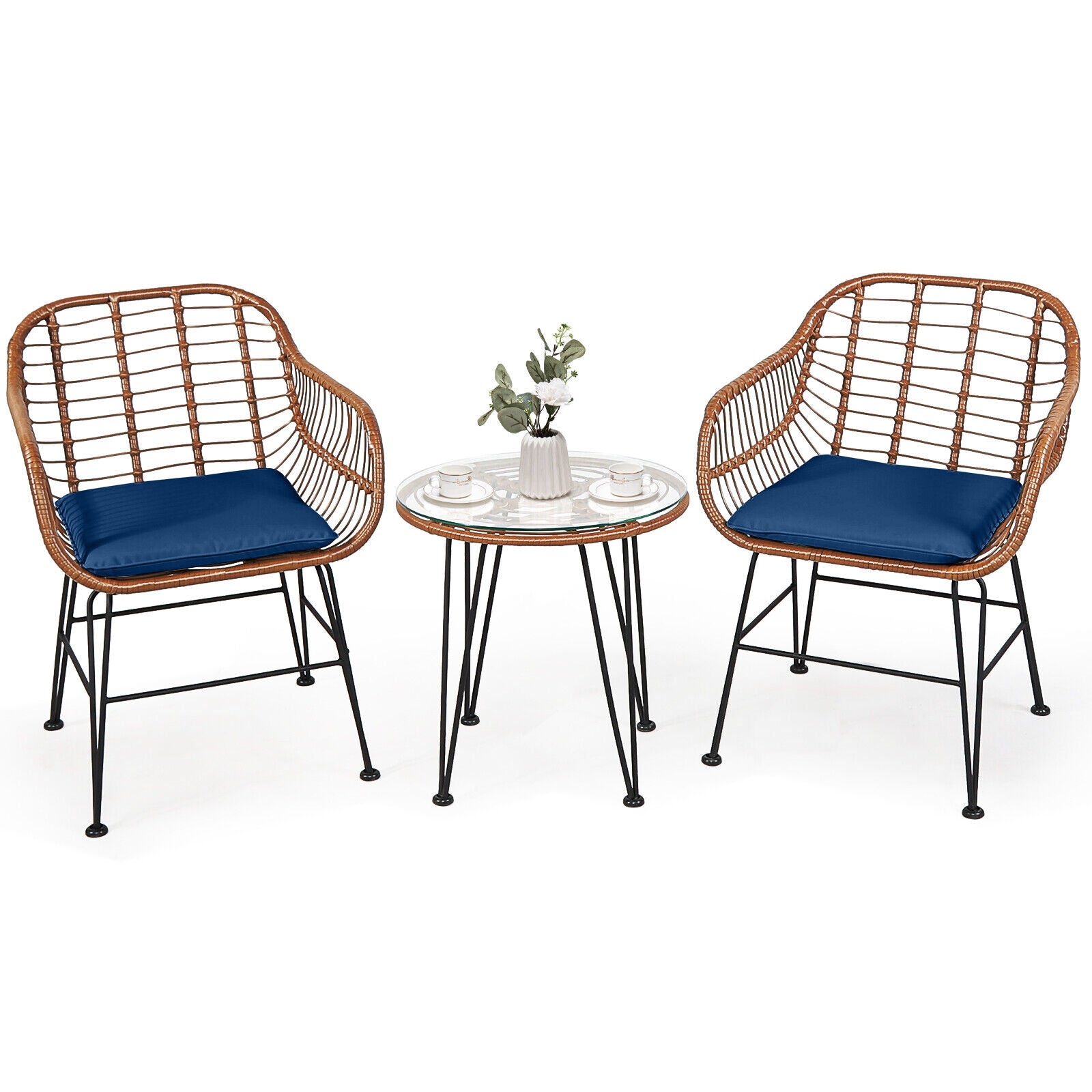 3 Pieces Patio Rattan Bistro Set with Cushion - Navy