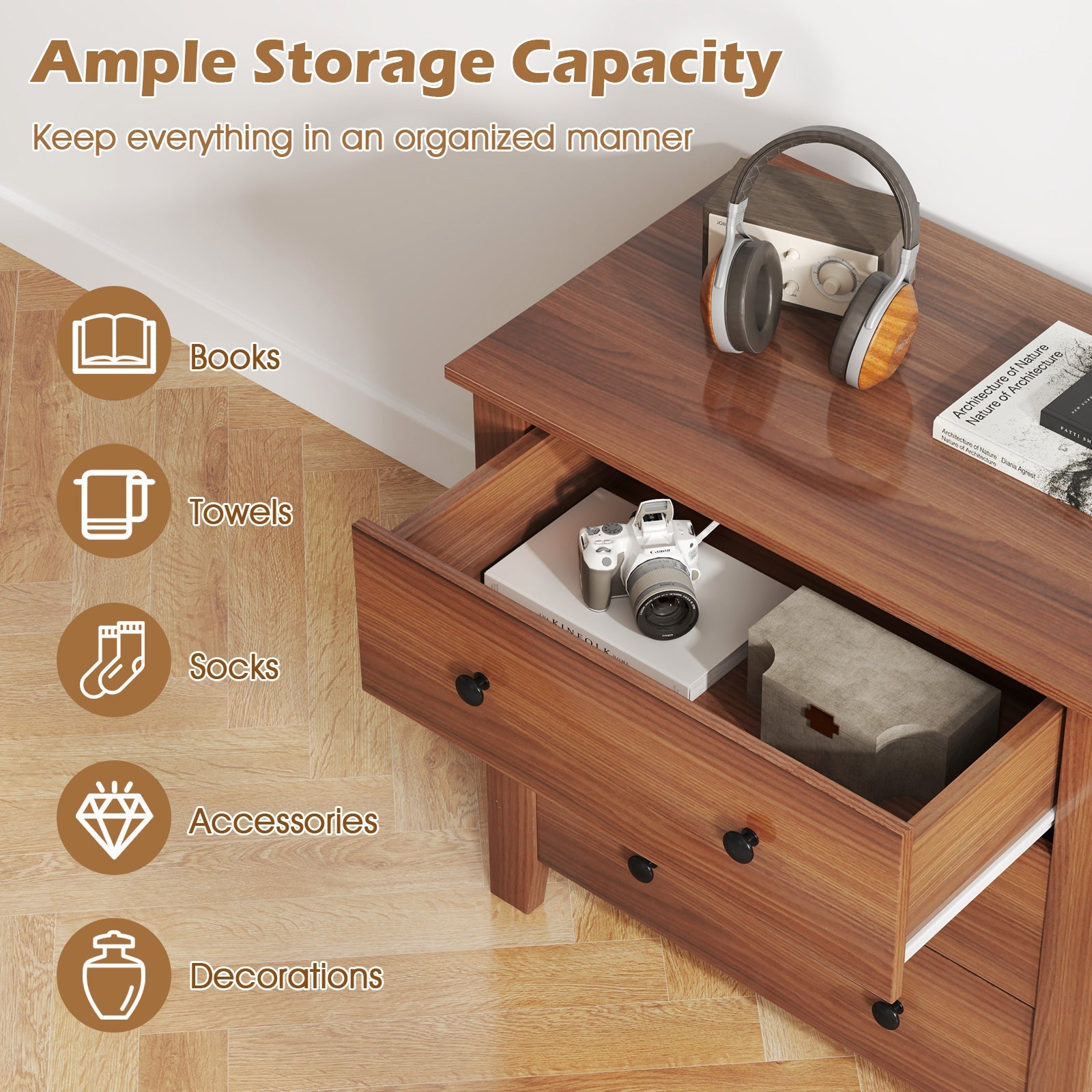3 Drawer Dresser Chest of Drawers Bedside Table-Walnut