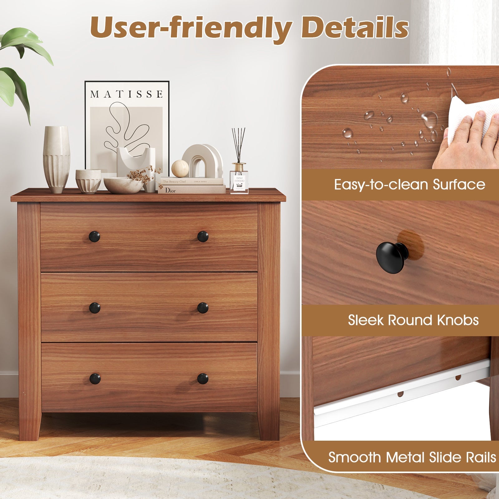3 Drawer Dresser Chest of Drawers Bedside Table-Walnut