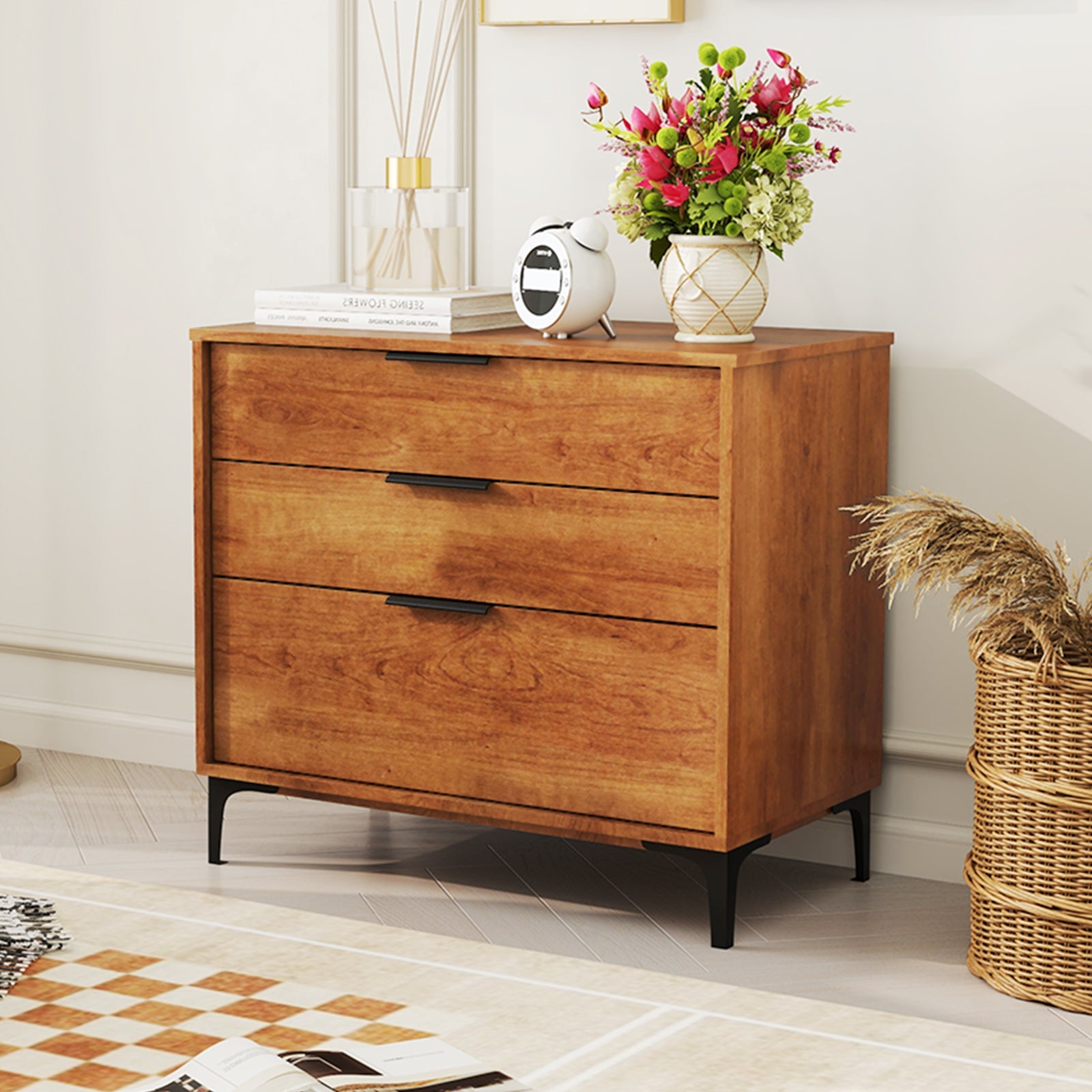 3 Drawer Dresser with Interlock System for Bedroom Living Room-Cherry by DirectDeals