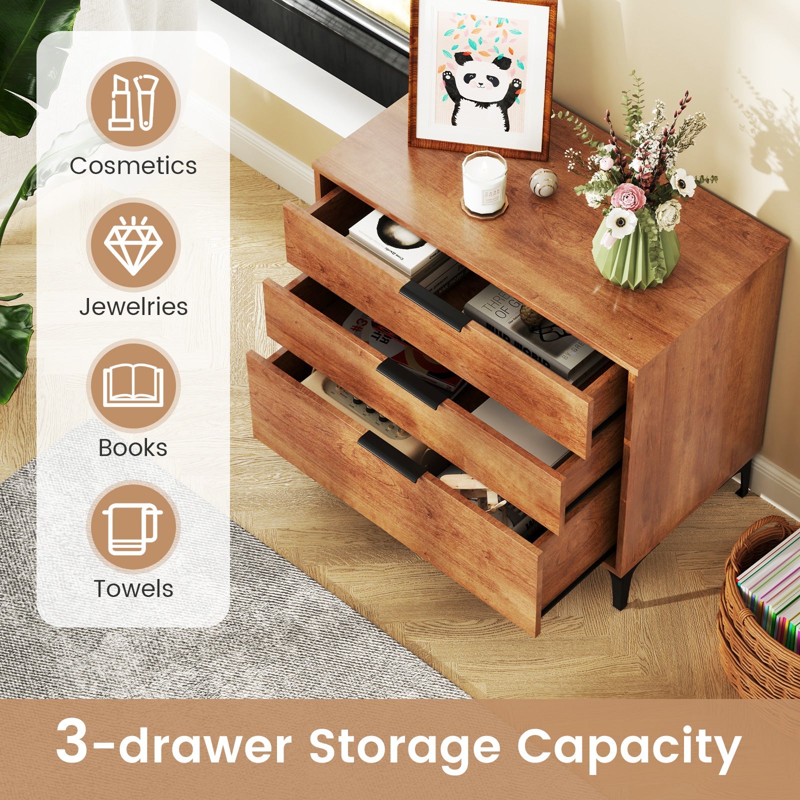 3 Drawer Dresser with Interlock System for Bedroom Living Room-Cherry by DirectDeals