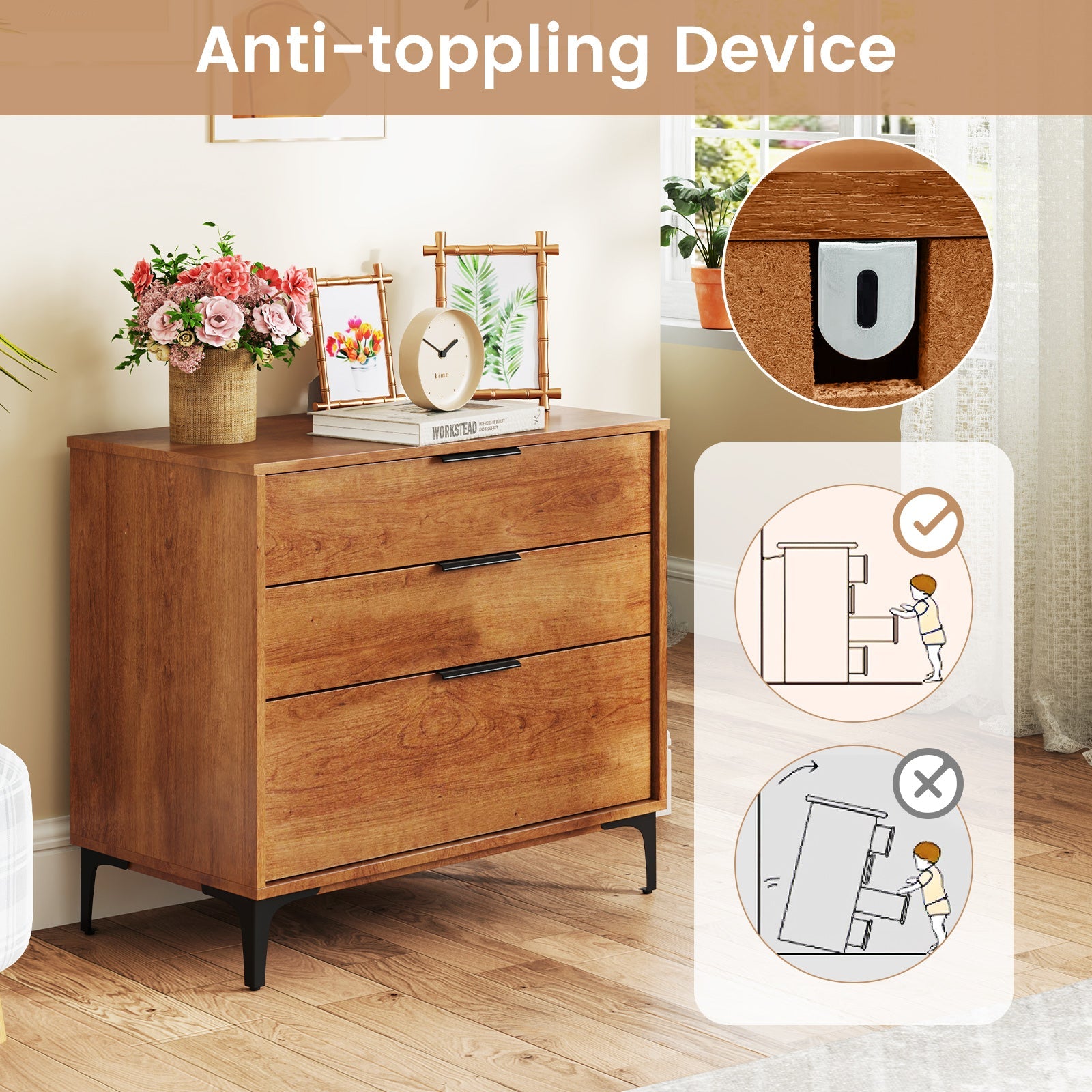 3 Drawer Dresser with Interlock System for Bedroom Living Room-Cherry by DirectDeals