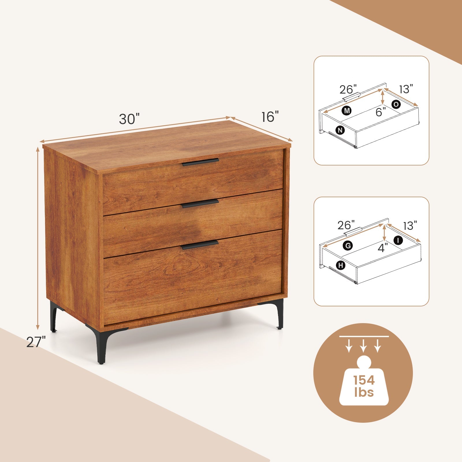 3 Drawer Dresser with Interlock System for Bedroom Living Room-Cherry by DirectDeals