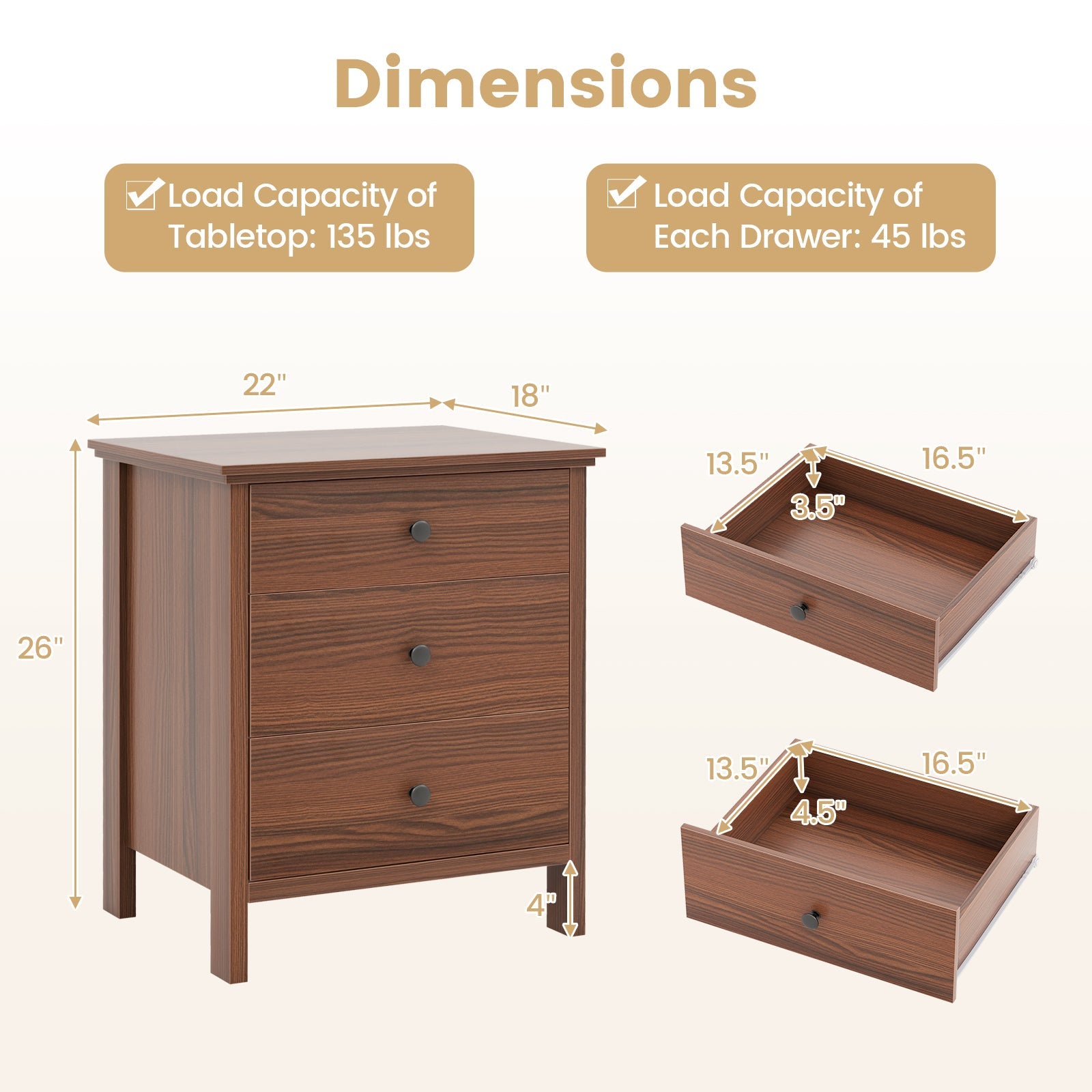 3-Drawer Wooden Nightstand Modern Bedside Table-Walnut