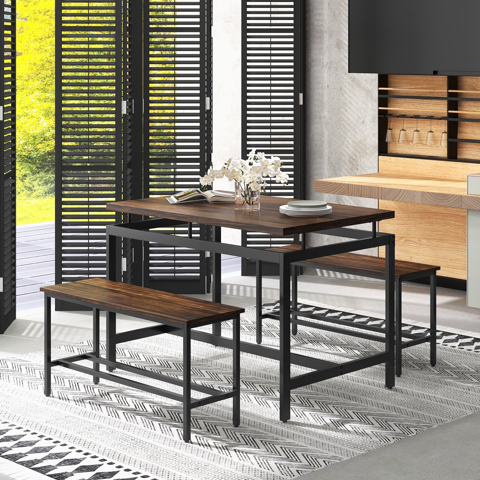 3 Pieces Dining Table Set with Wooden Kitchen Table and 2 Benches-Brown by DirectDeals