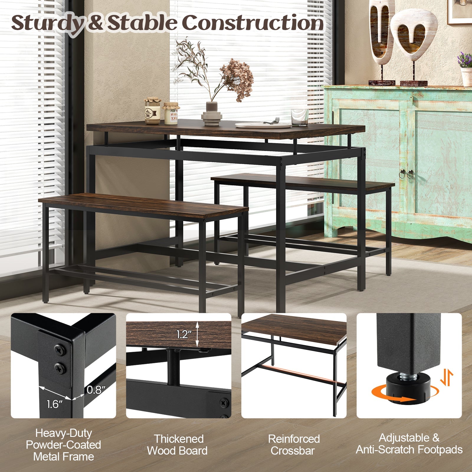 3 Pieces Dining Table Set with Wooden Kitchen Table and 2 Benches-Brown by DirectDeals