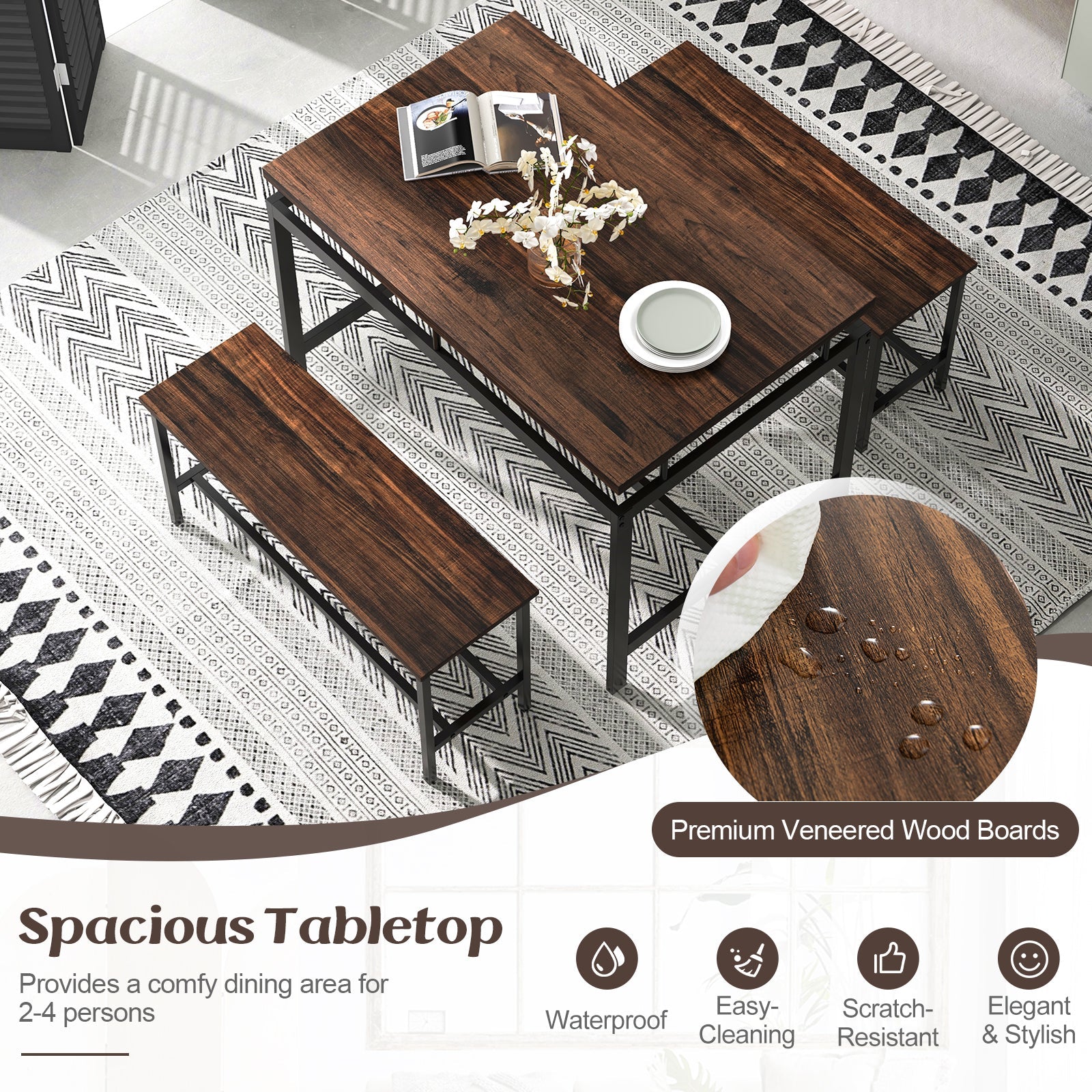 3 Pieces Dining Table Set with Wooden Kitchen Table and 2 Benches-Brown by DirectDeals