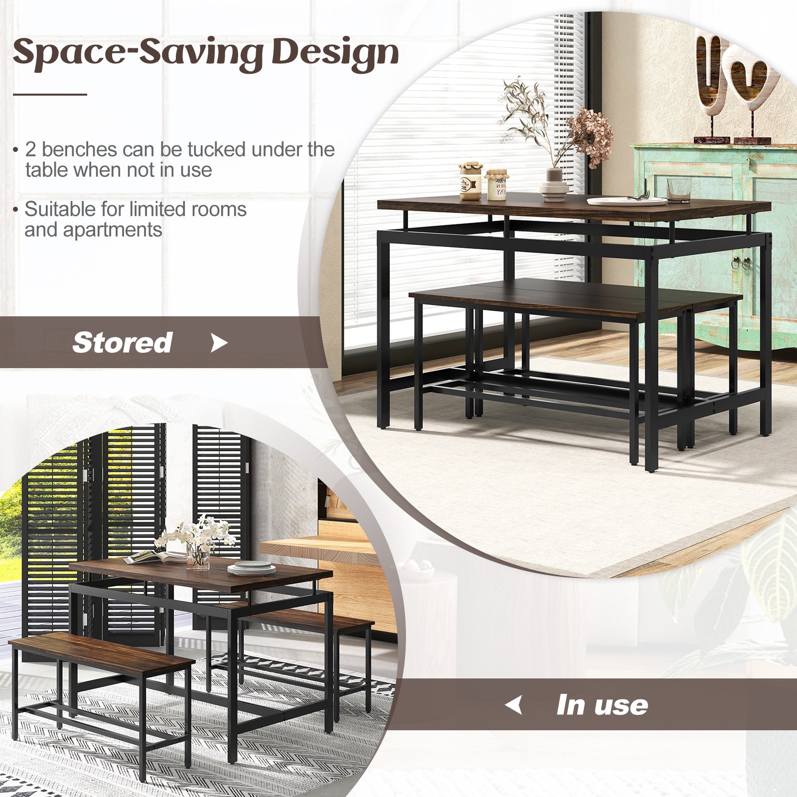 3 Pieces Dining Table Set with Wooden Kitchen Table and 2 Benches-Brown by DirectDeals