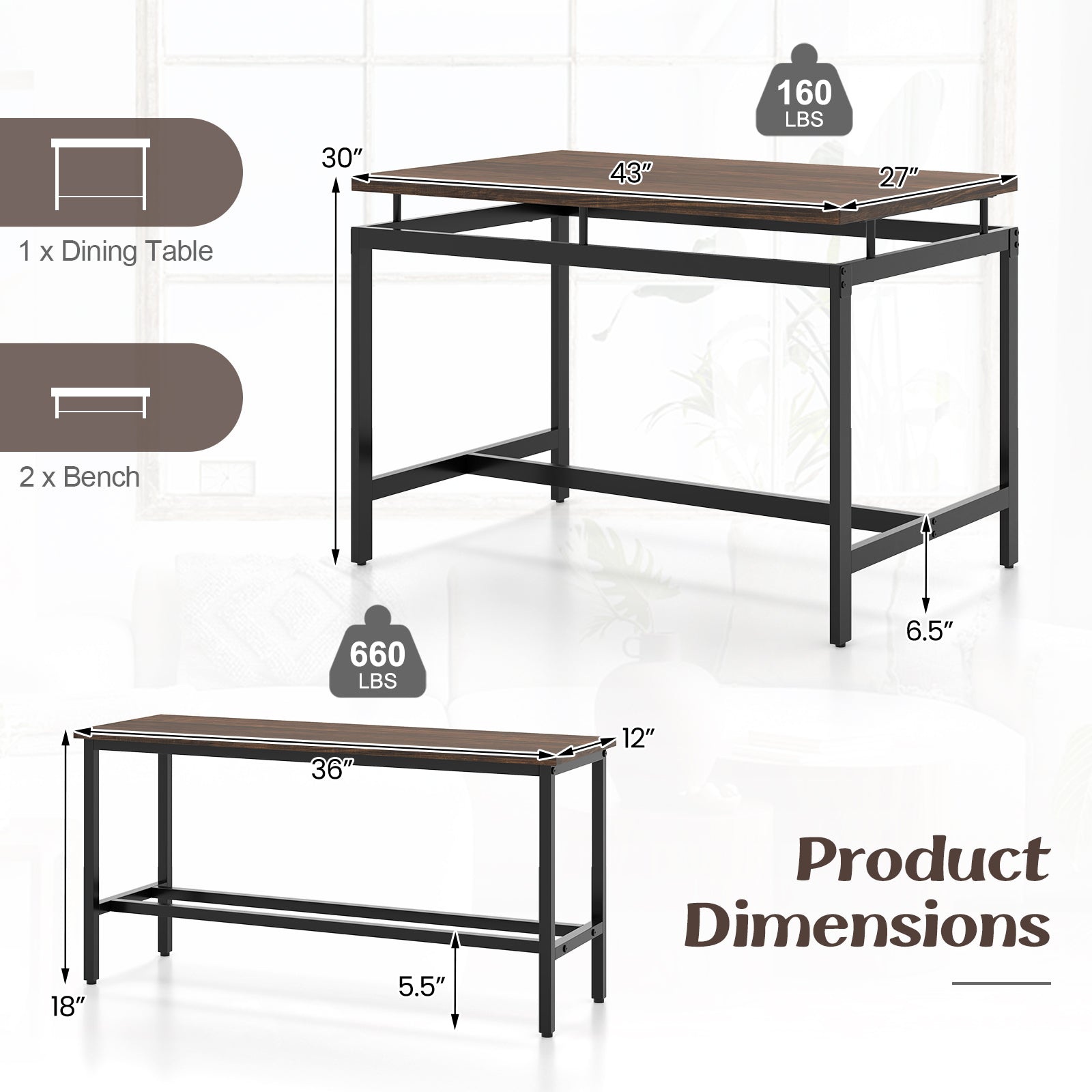 3 Pieces Dining Table Set - Brown